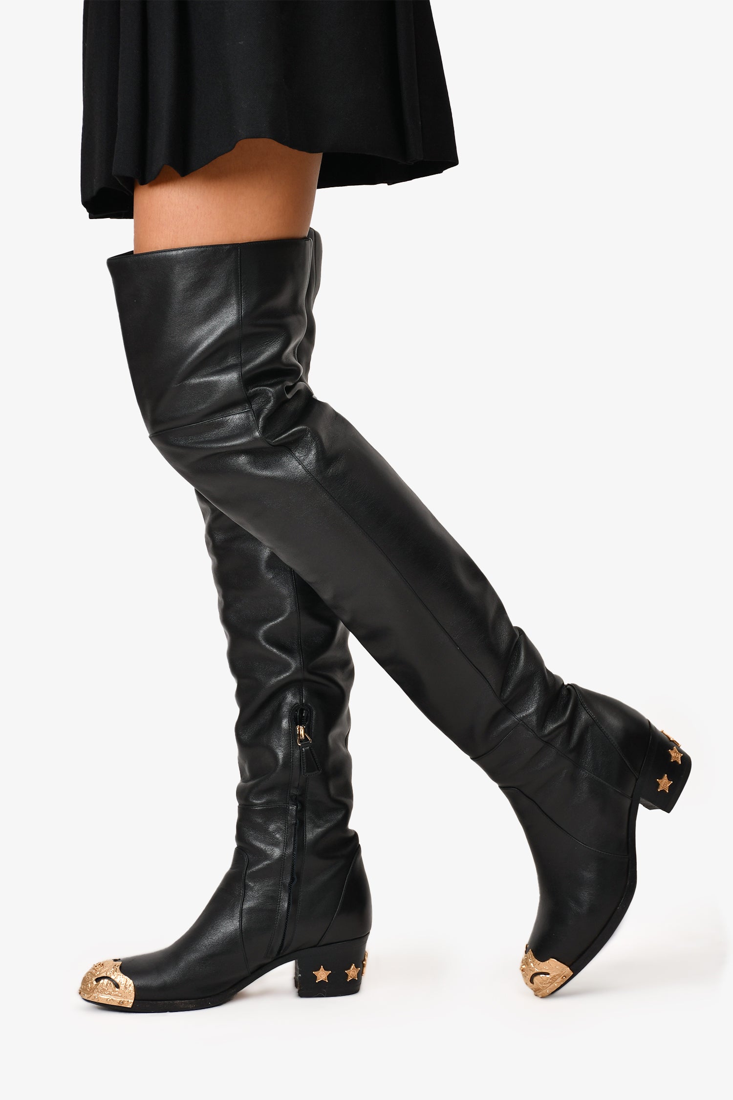 Chanel™ Black Leather Over the Knee 'Dallas' Gold Cap Toe Boots Size 36.5