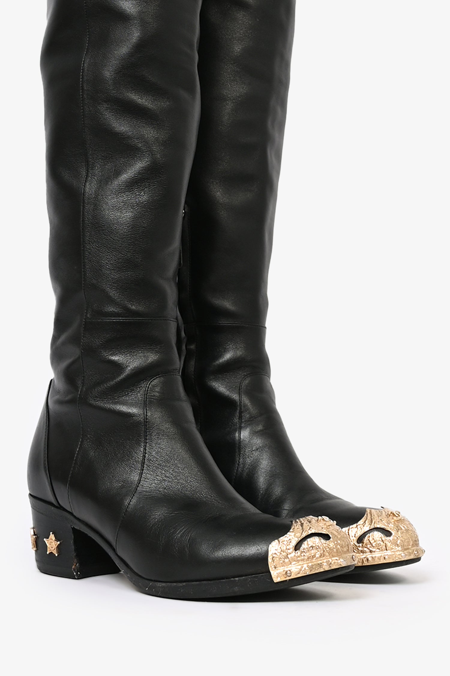 Chanel™ Black Leather Over the Knee 'Dallas' Gold Cap Toe Boots Size 36.5
