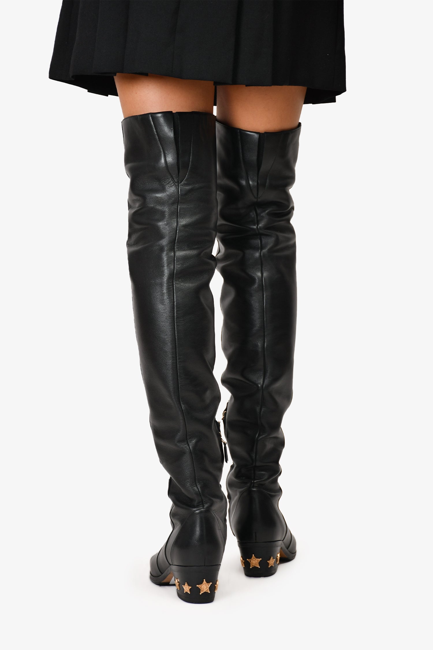 Chanel™ Black Leather Over the Knee 'Dallas' Gold Cap Toe Boots Size 36.5