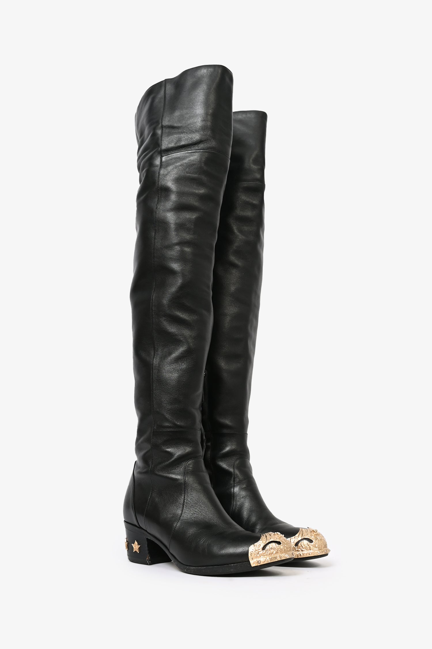 Chanel™ Black Leather Over the Knee 'Dallas' Gold Cap Toe Boots Size 36.5