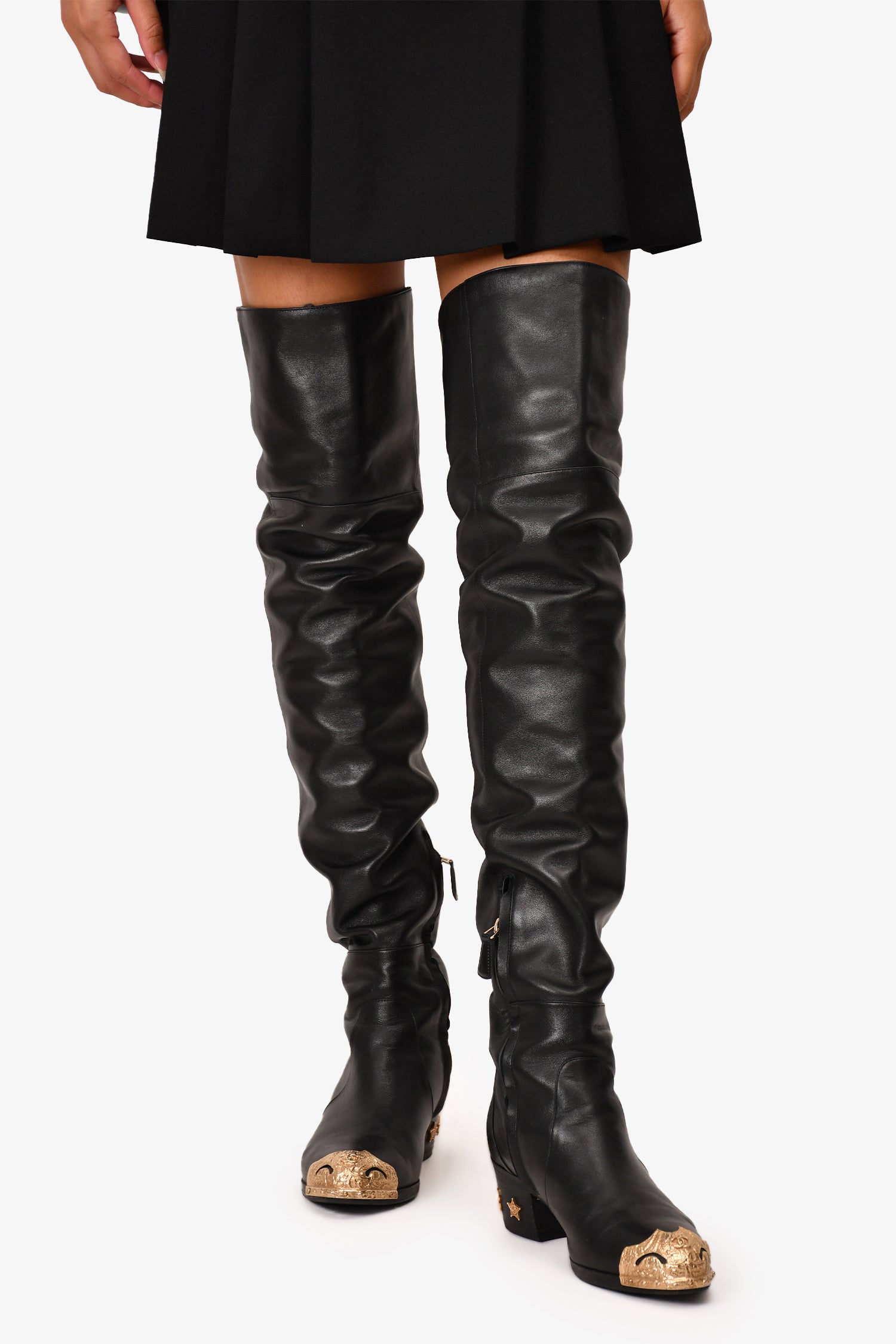 Chanel™ Black Leather Over the Knee 'Dallas' Gold Cap Toe Boots Size 36.5