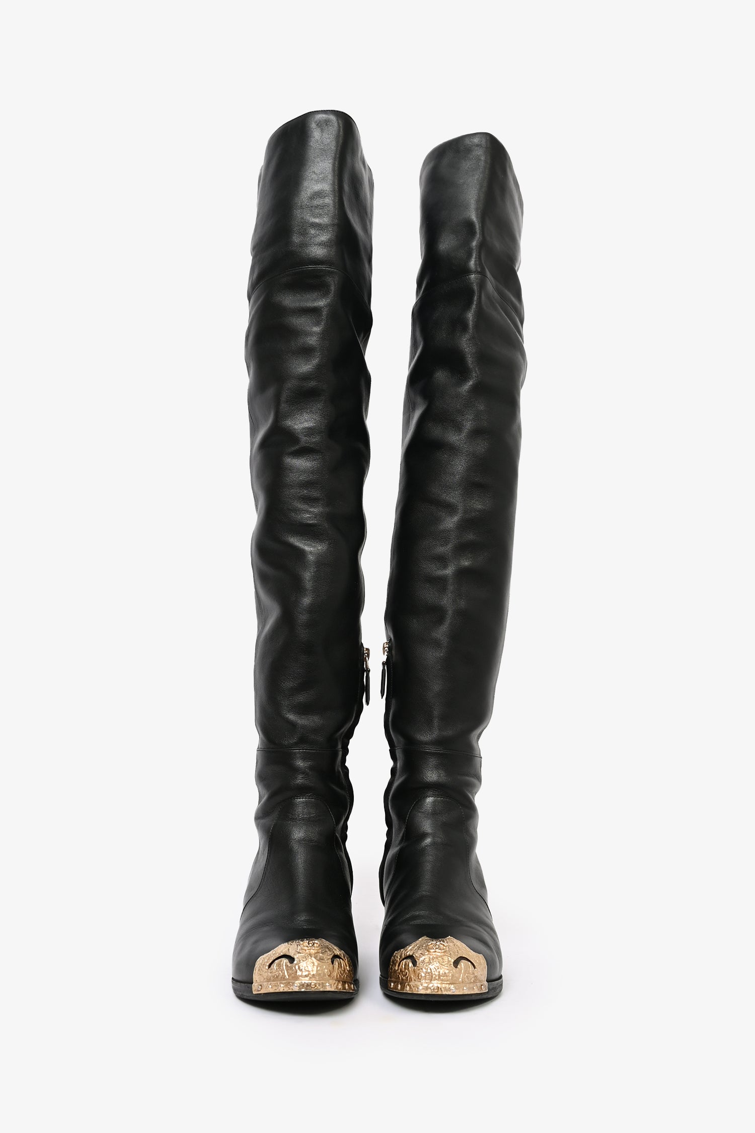 Chanel™ Black Leather Over the Knee 'Dallas' Gold Cap Toe Boots Size 36.5