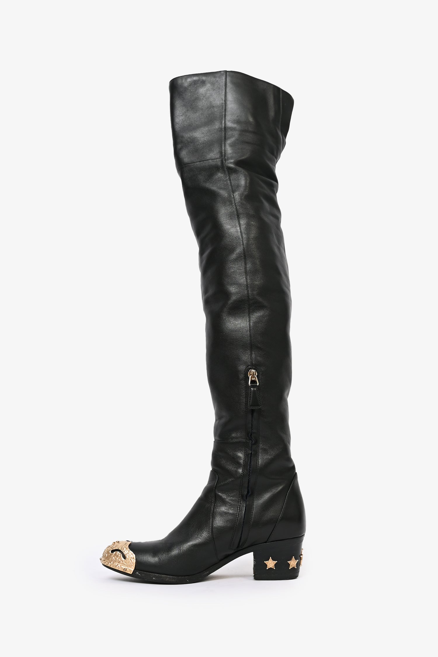 Chanel™ Black Leather Over the Knee 'Dallas' Gold Cap Toe Boots Size 36.5
