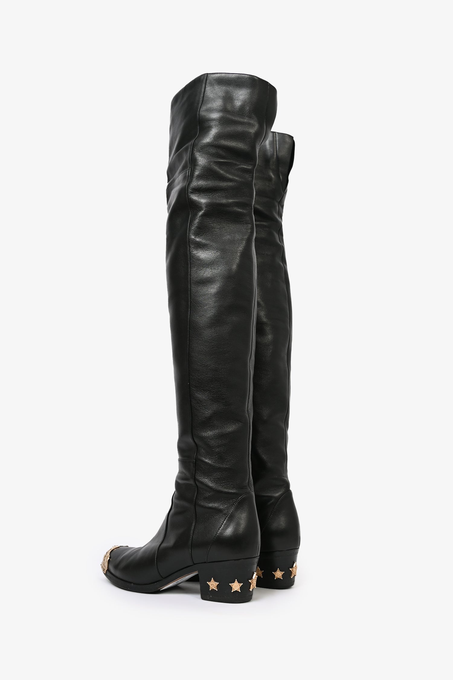 Chanel™ Black Leather Over the Knee 'Dallas' Gold Cap Toe Boots Size 36.5