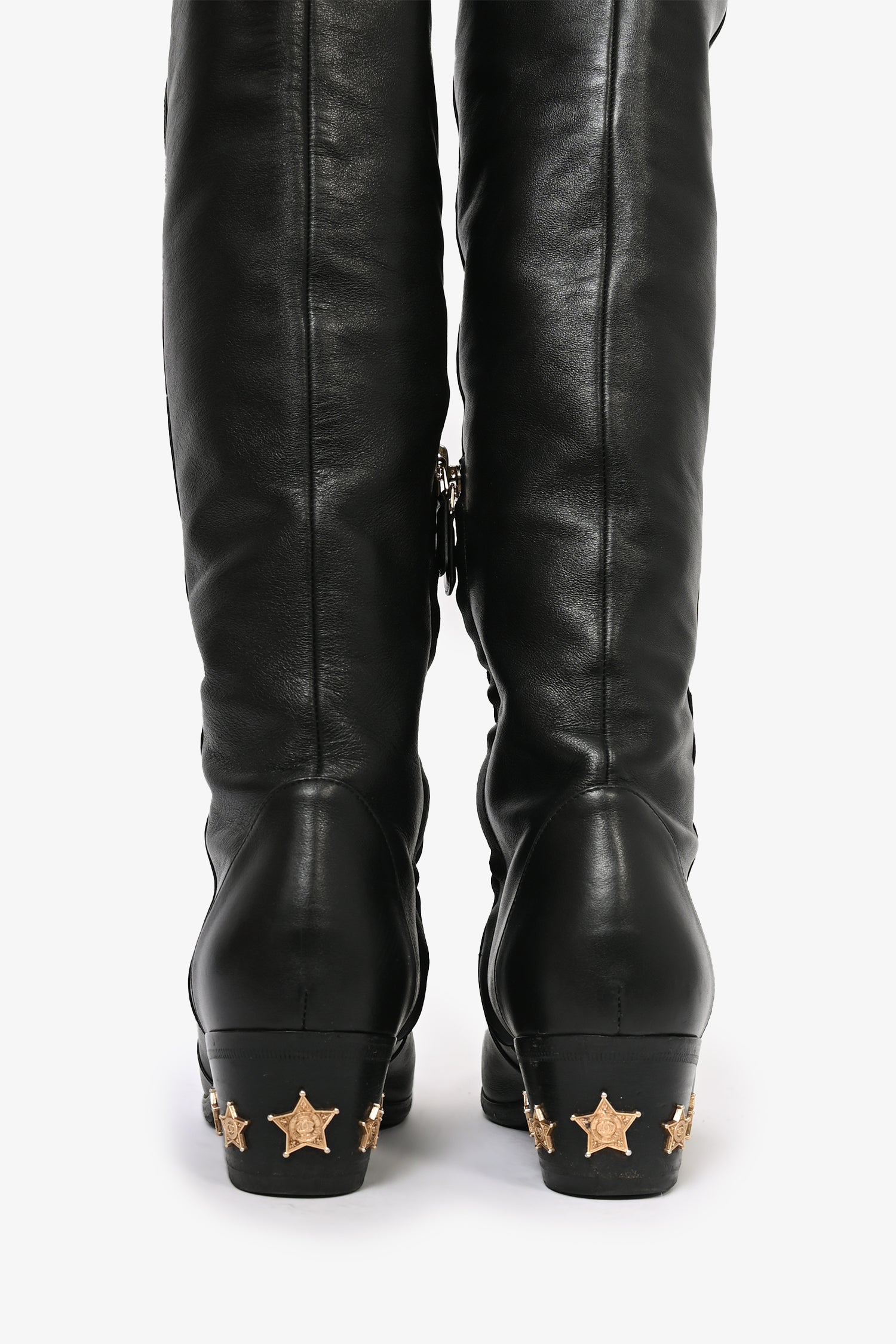 Chanel™ Black Leather Over the Knee 'Dallas' Gold Cap Toe Boots Size 36.5