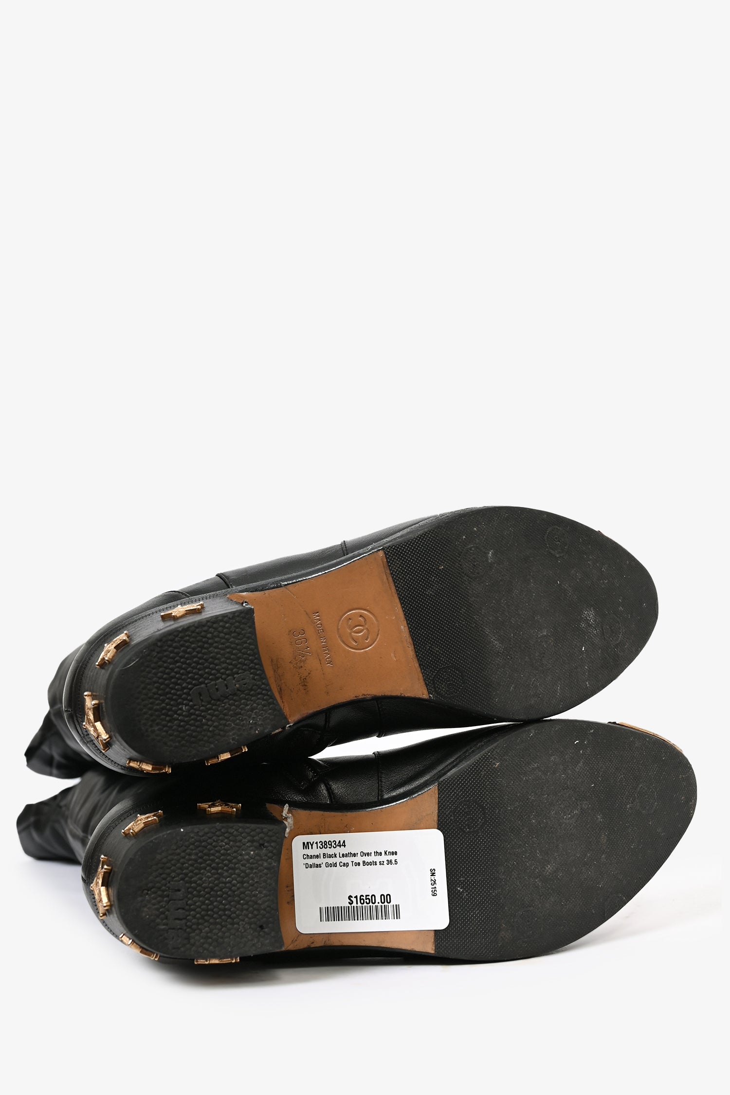 Chanel™ Black Leather Over the Knee 'Dallas' Gold Cap Toe Boots Size 36.5