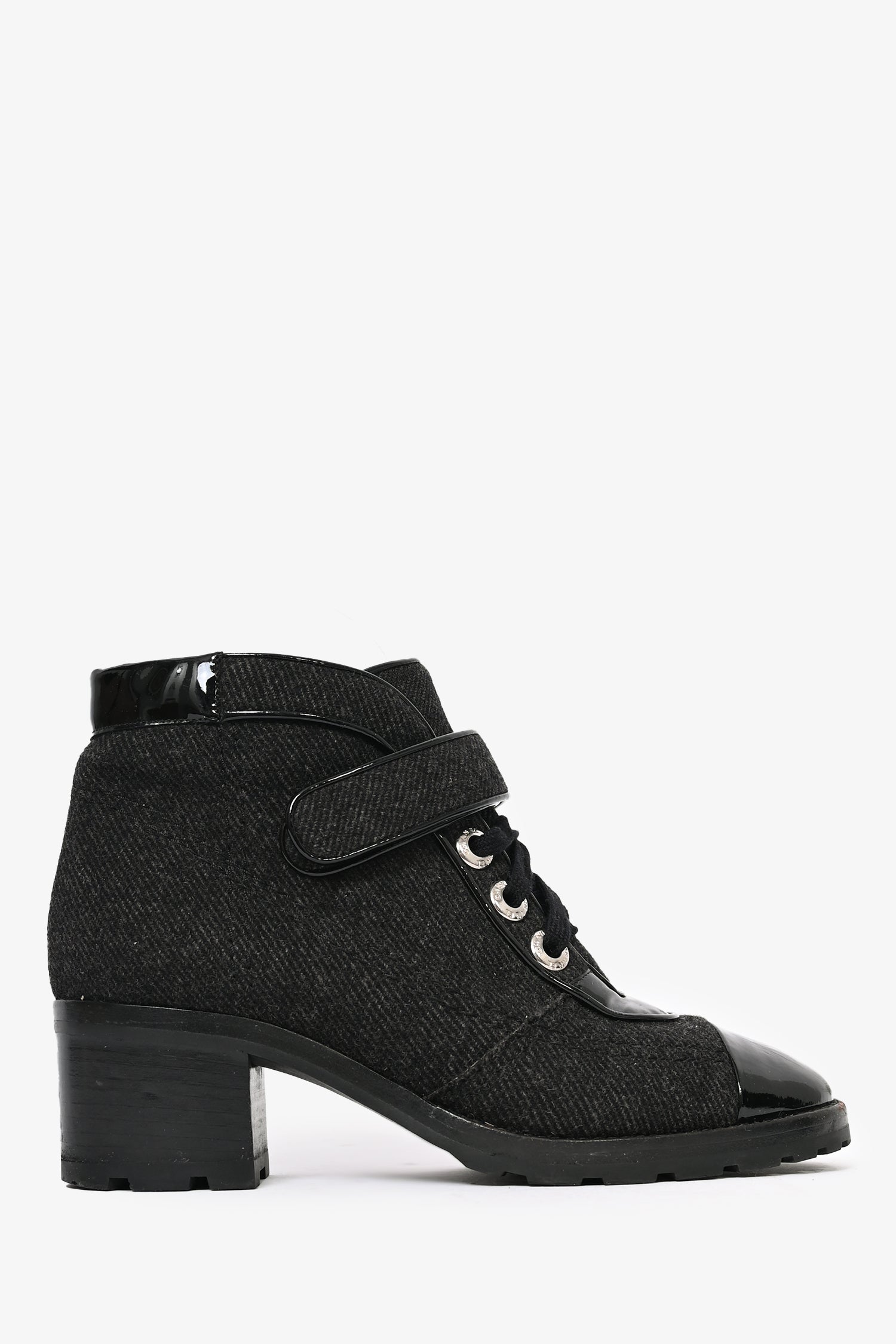 Chanel™ Black Patent Leather/Tweed Cap Toe Ankle Boots Size 36.5