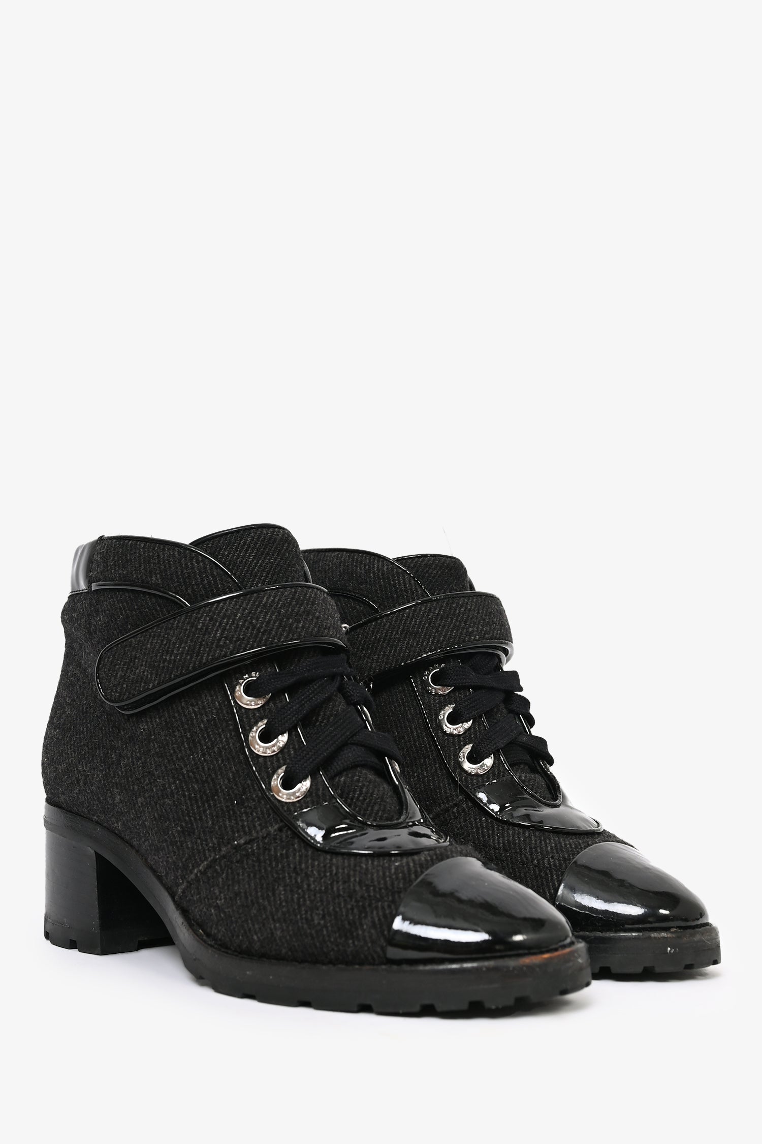 Chanel™ Black Patent Leather/Tweed Cap Toe Ankle Boots Size 36.5