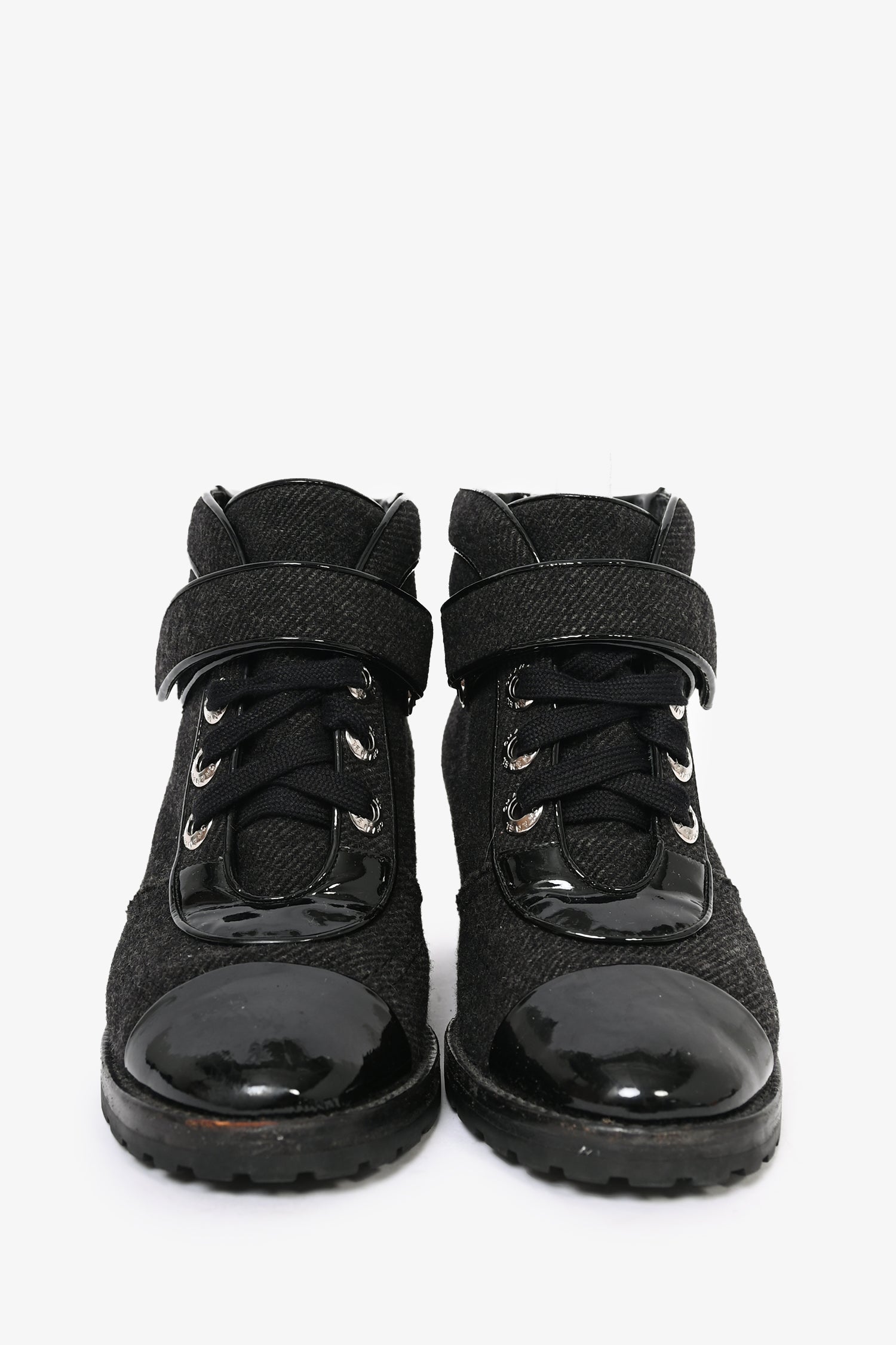 Chanel™ Black Patent Leather/Tweed Cap Toe Ankle Boots Size 36.5