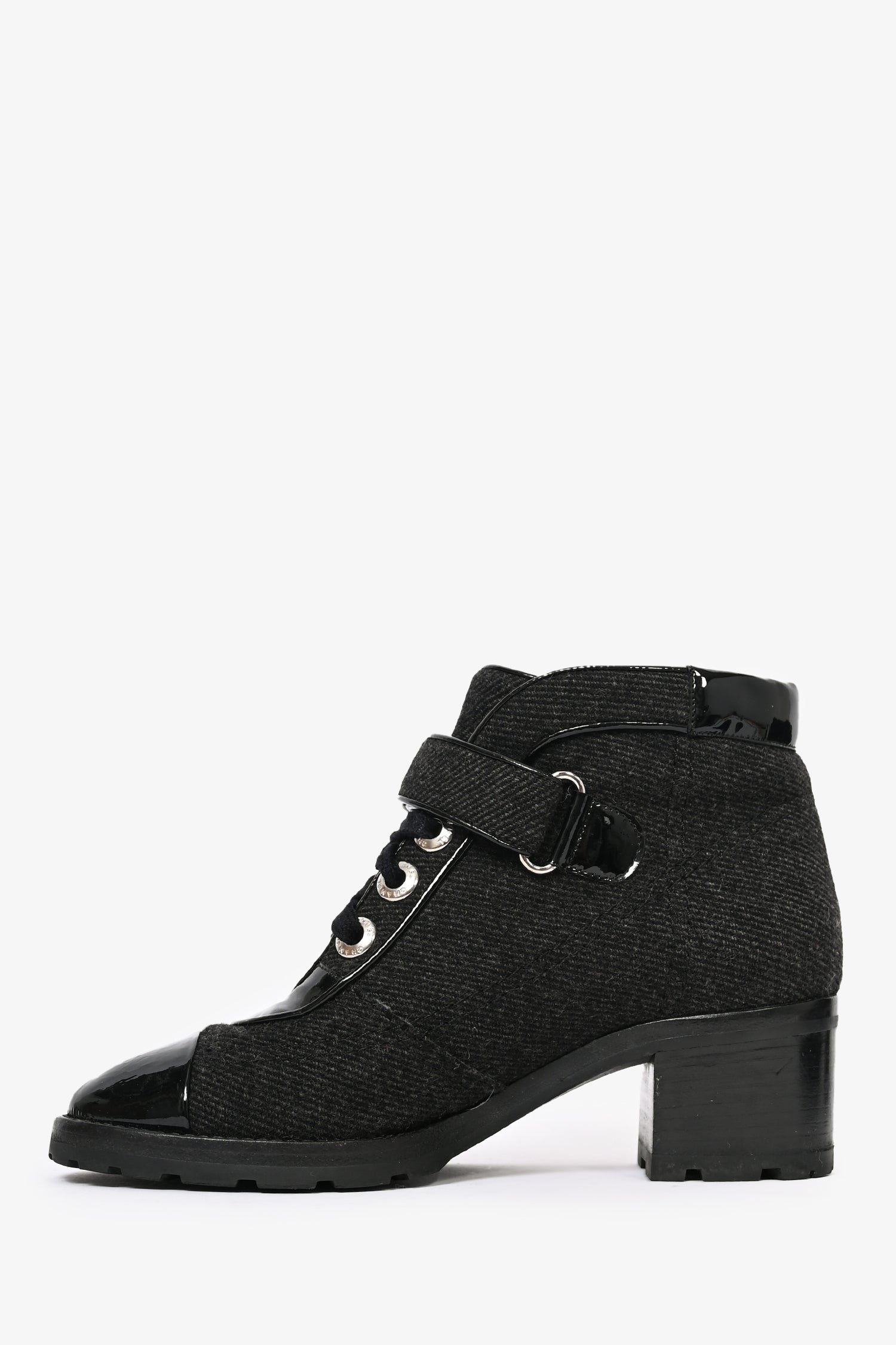 Chanel™ Black Patent Leather/Tweed Cap Toe Ankle Boots Size 36.5