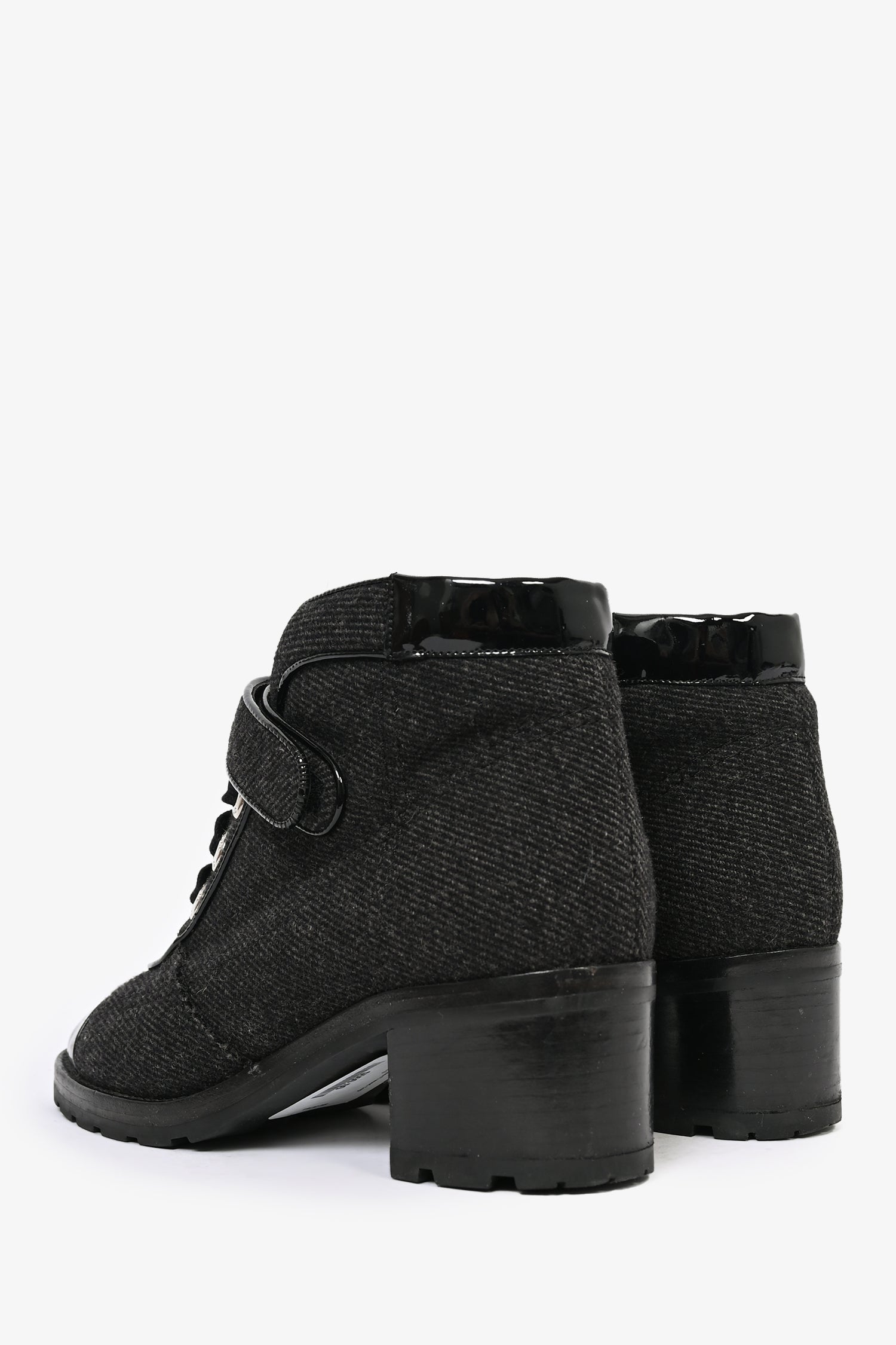 Chanel™ Black Patent Leather/Tweed Cap Toe Ankle Boots Size 36.5