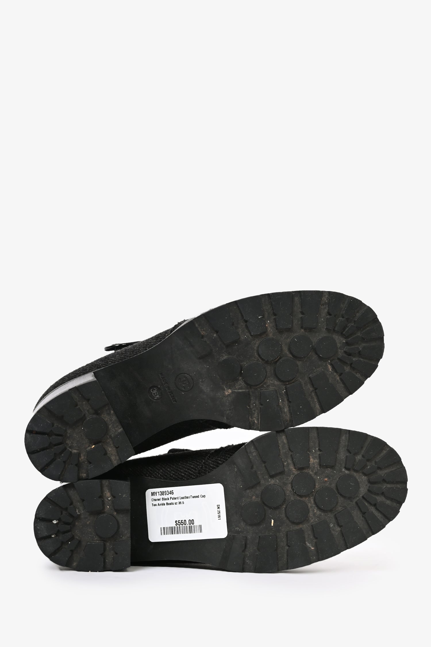 Chanel™ Black Patent Leather/Tweed Cap Toe Ankle Boots Size 36.5