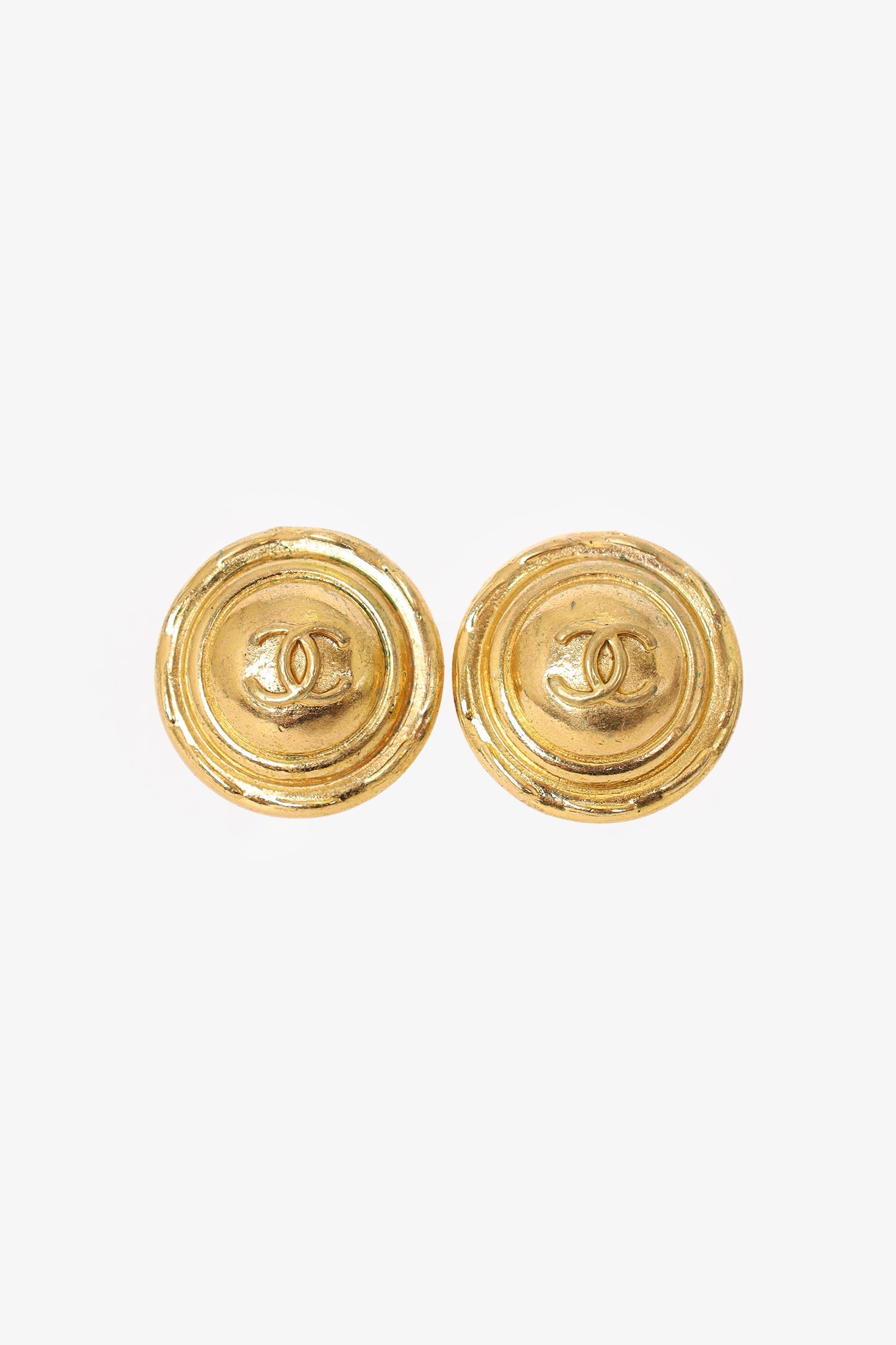 Chanel™ Gold Tone CC Logo Round Dome Clip Earrings