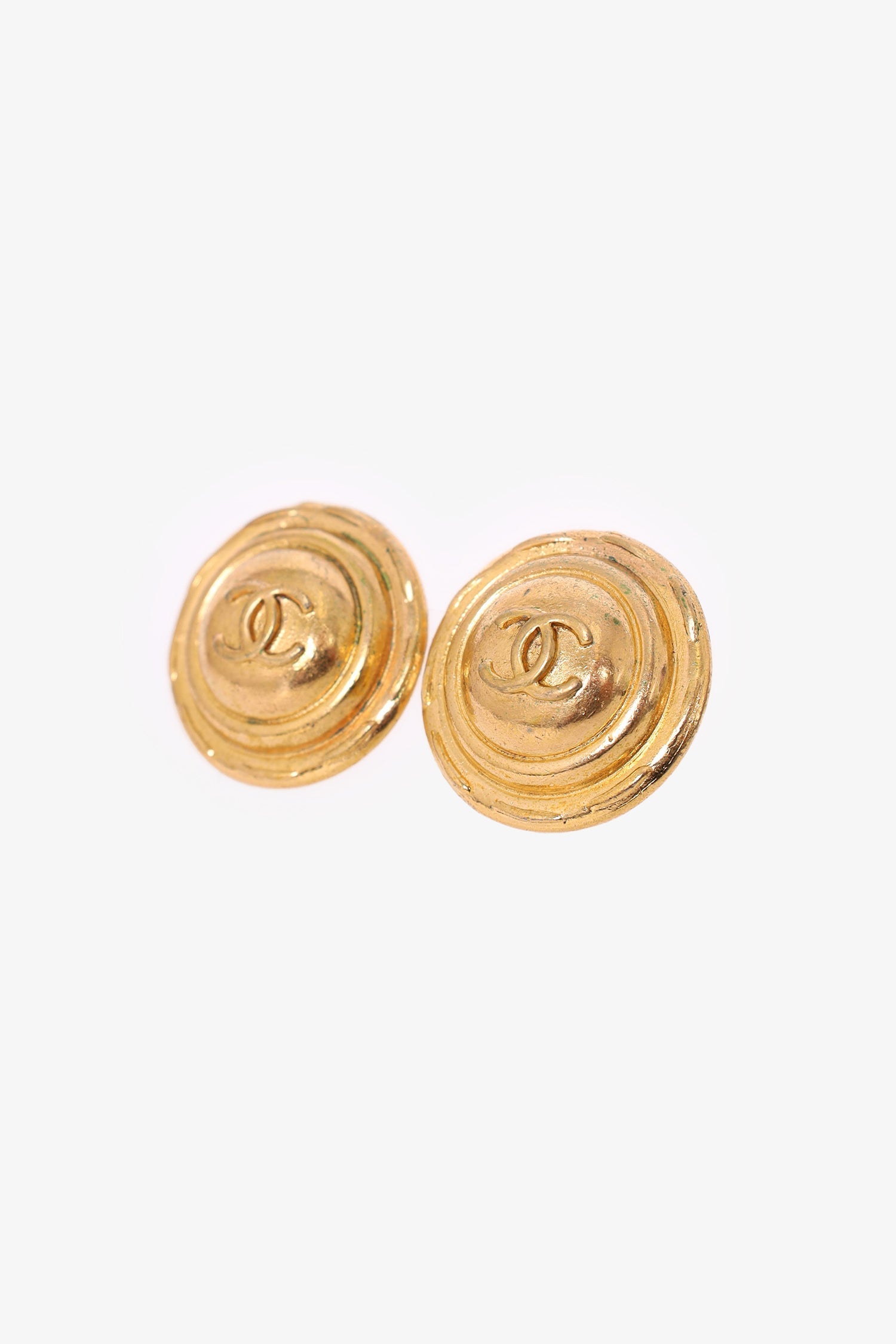 Chanel™ Gold Tone CC Logo Round Dome Clip Earrings