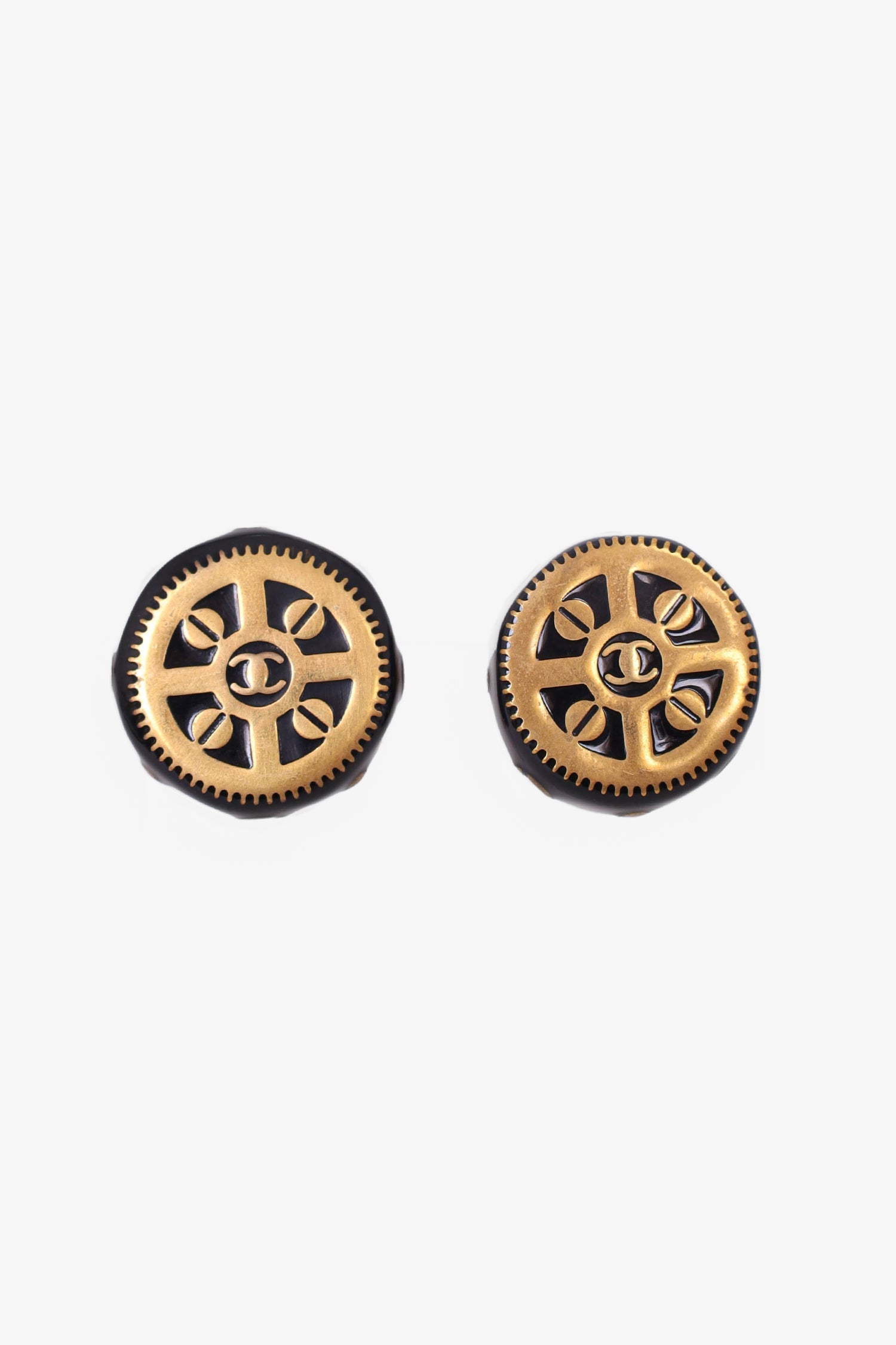 Chanel™ Gold Tone Black Enamel Round Earrings