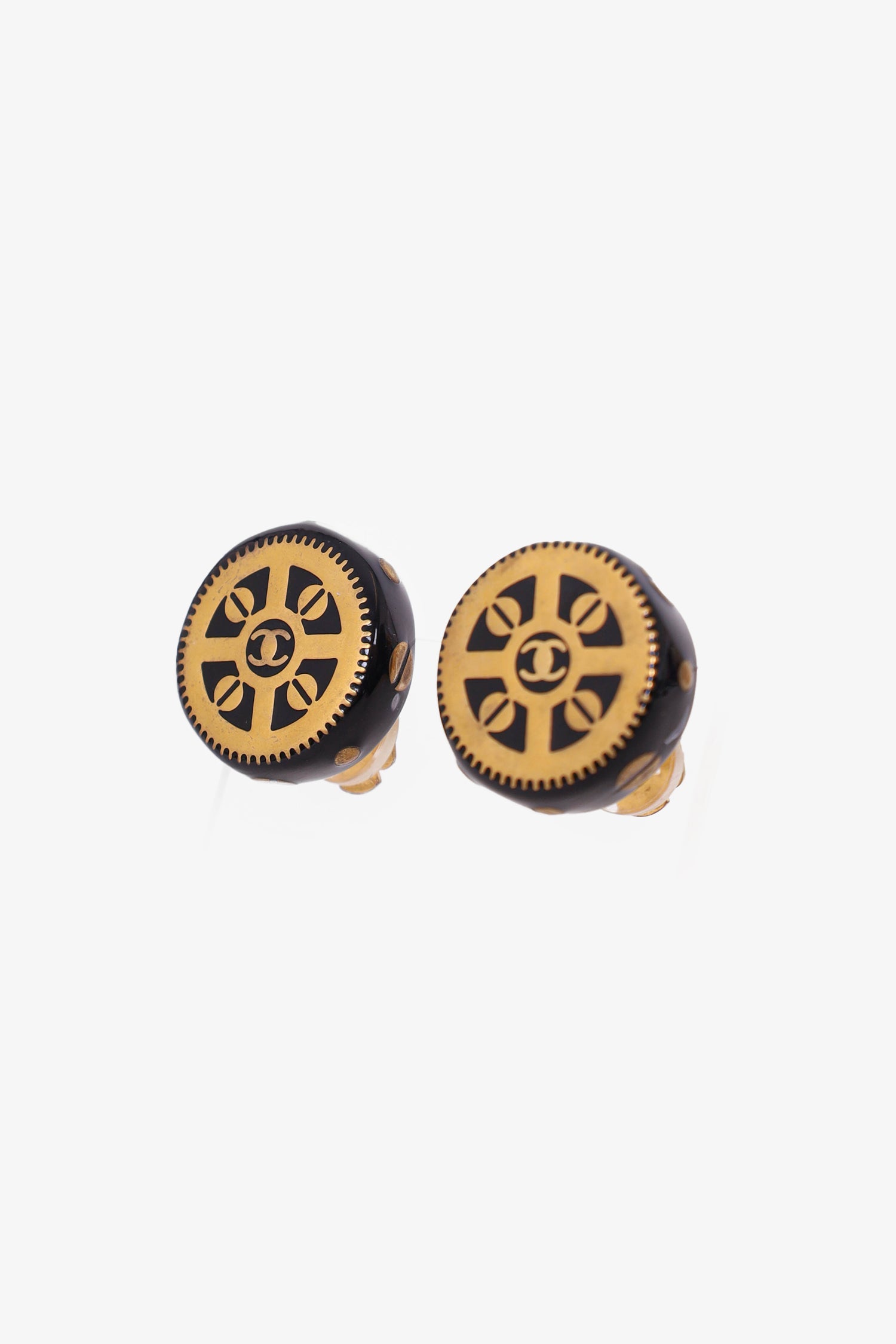 Chanel™ Gold Tone Black Enamel Round Earrings