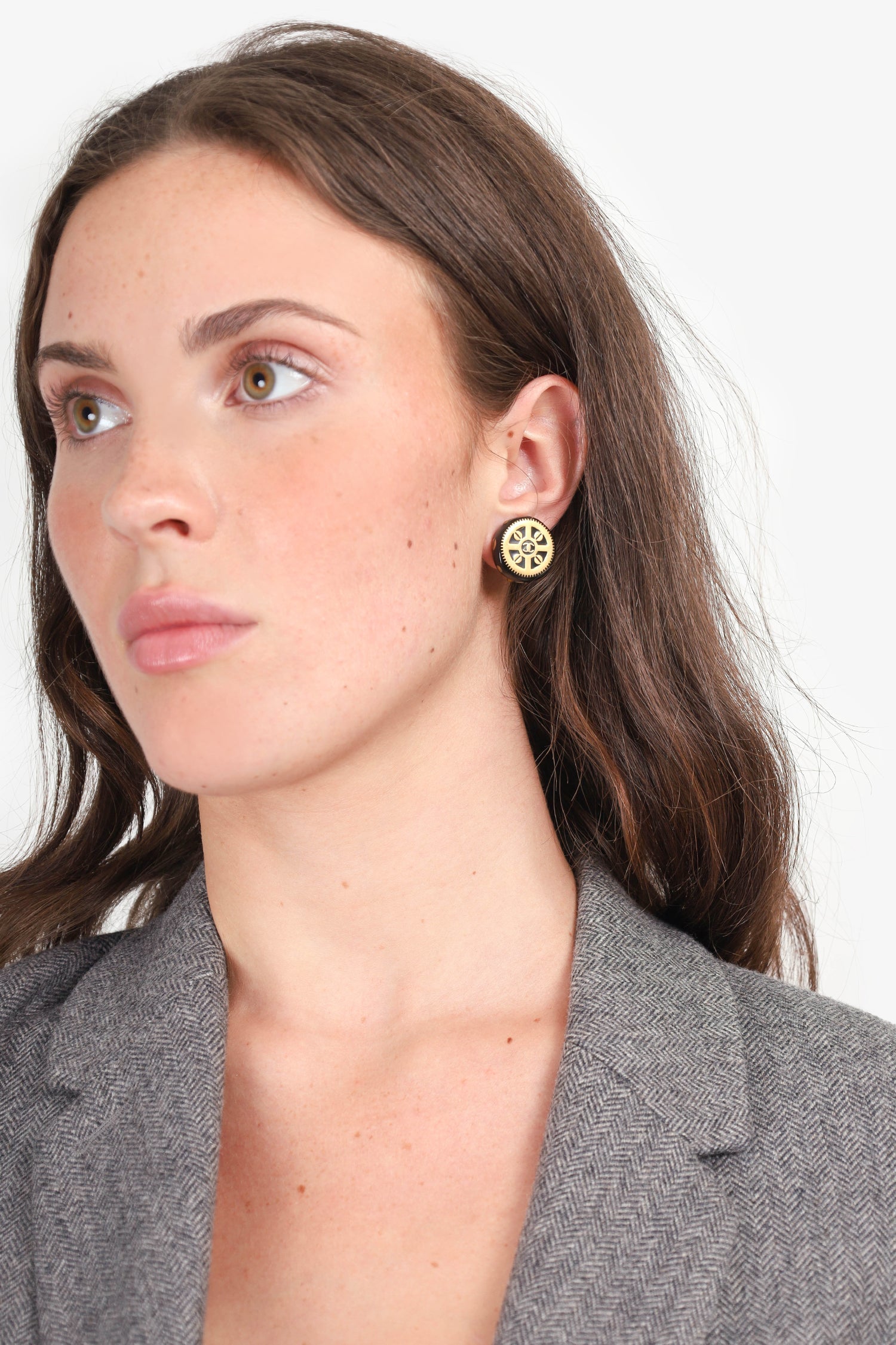 Chanel™ Gold Tone Black Enamel Round Earrings