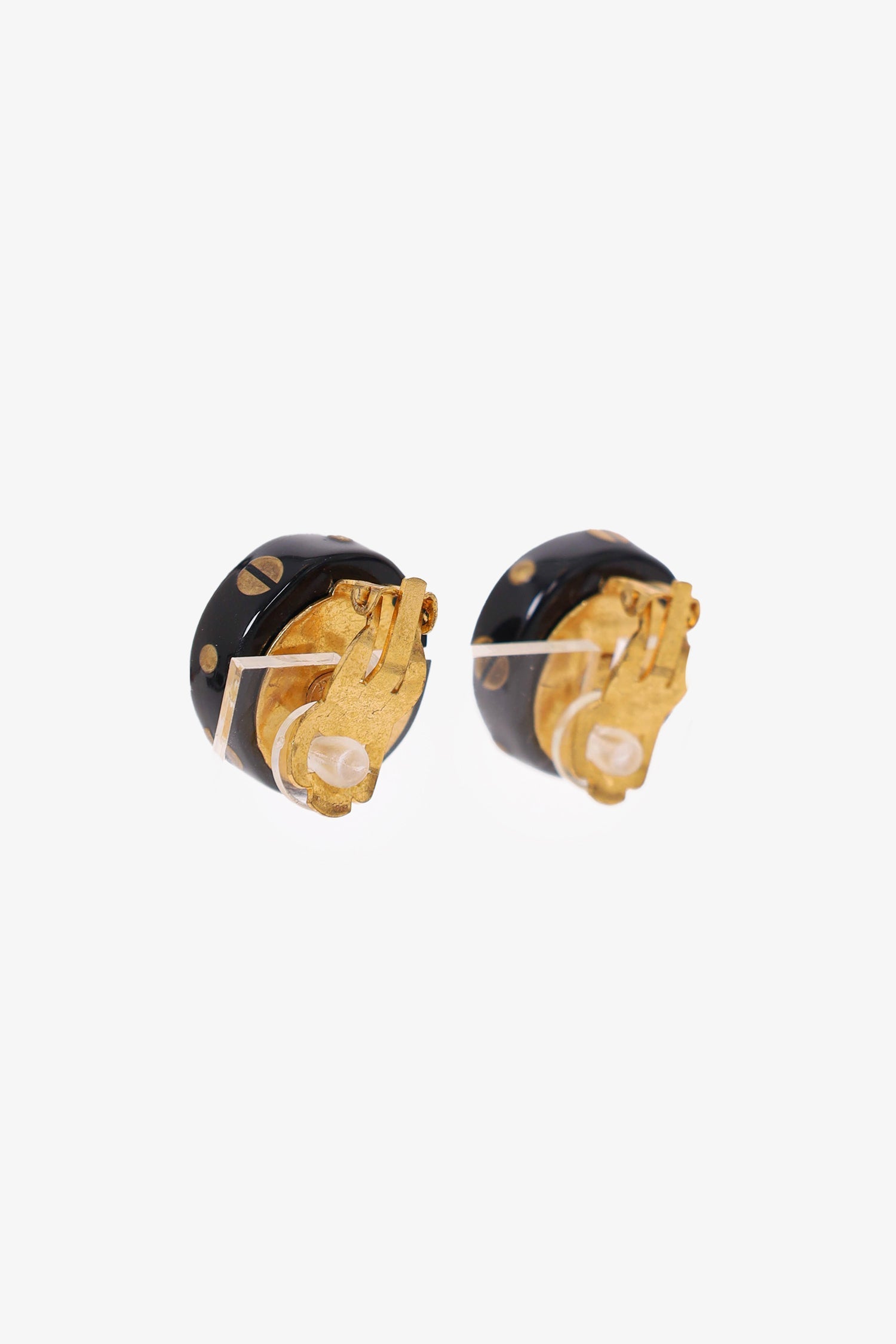 Chanel™ Gold Tone Black Enamel Round Earrings
