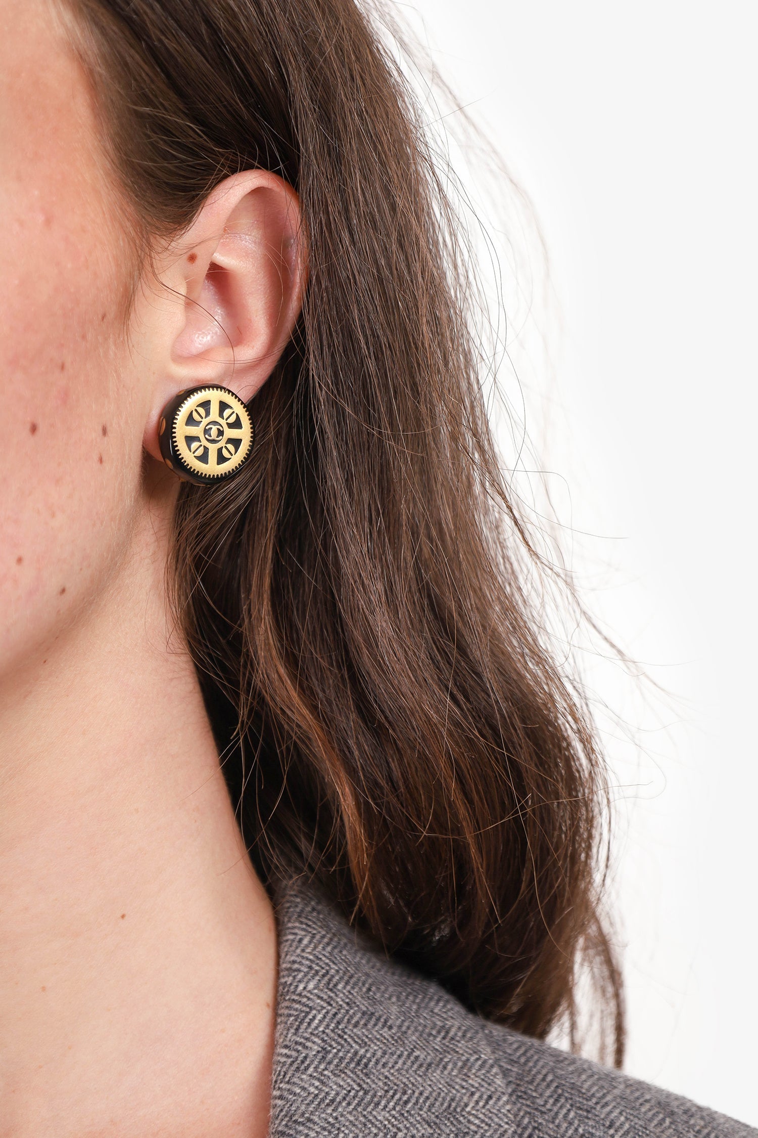 Chanel™ Gold Tone Black Enamel Round Earrings