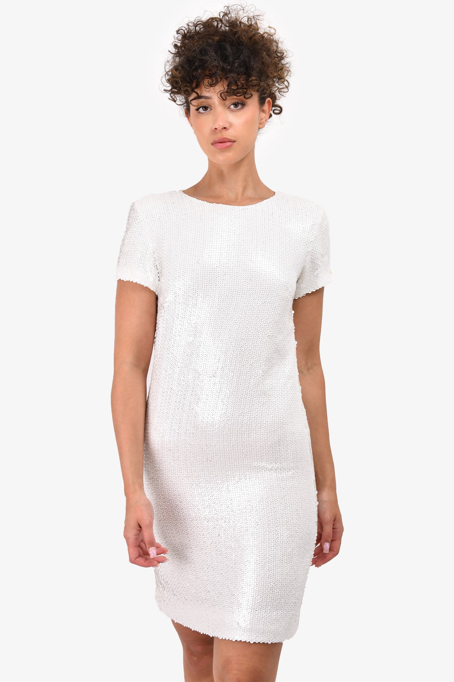 Chanel™ White Sequin Short Sleeve Shift Dress Size 38