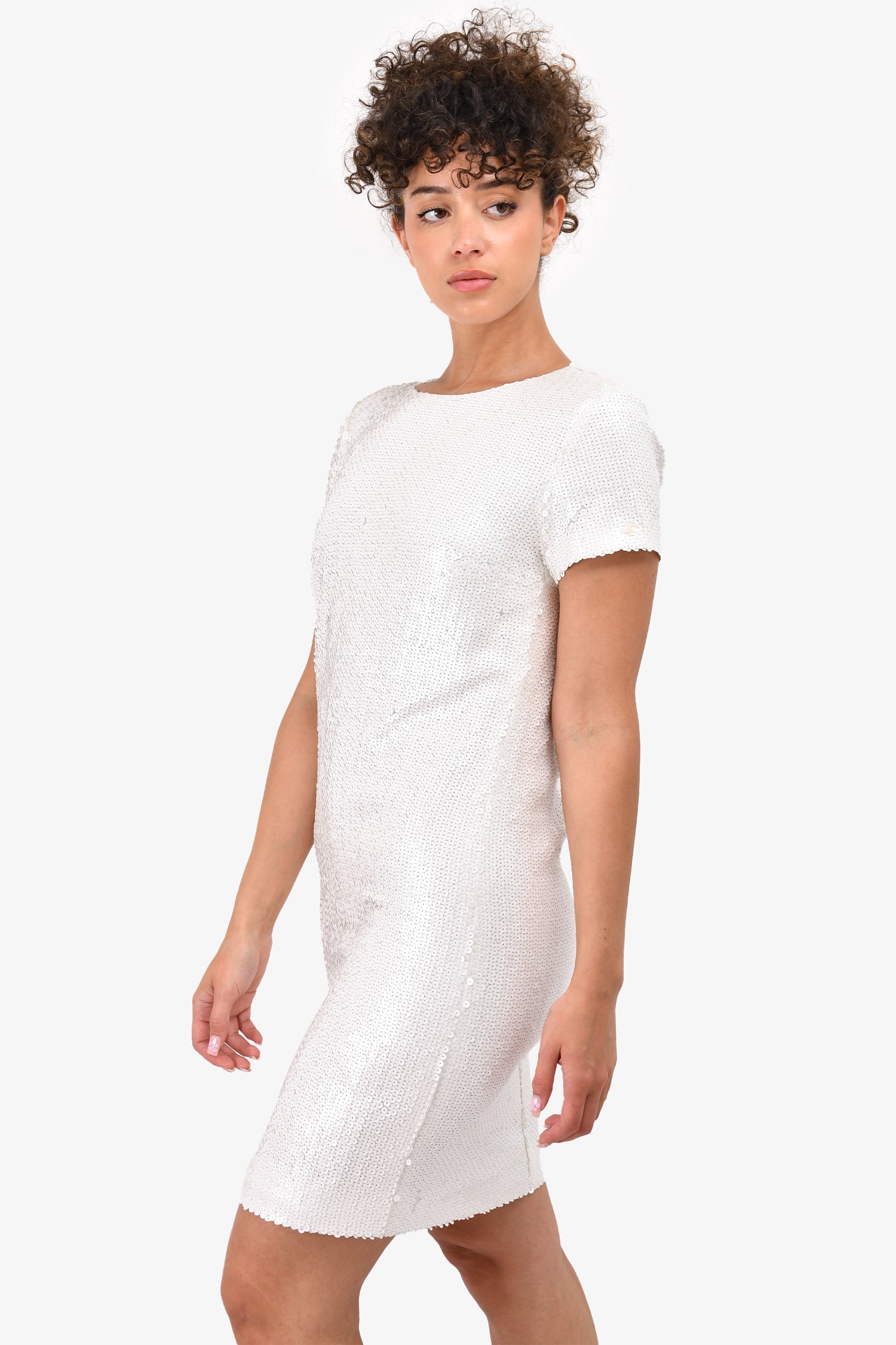 Chanel™ White Sequin Short Sleeve Shift Dress Size 38