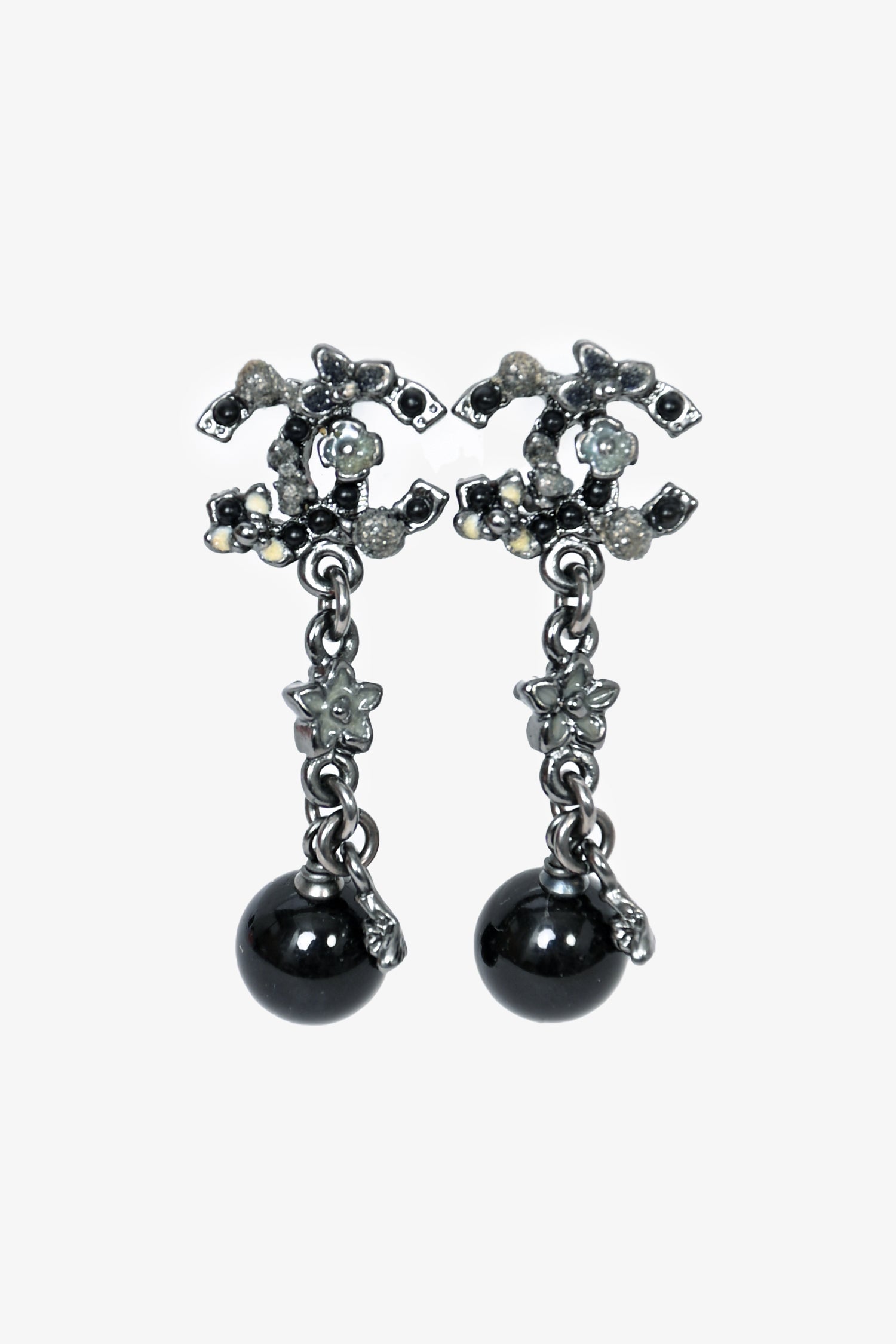 Chanel™ Black Tone Crystal 'CC' Faux Pearl Drop Earrings