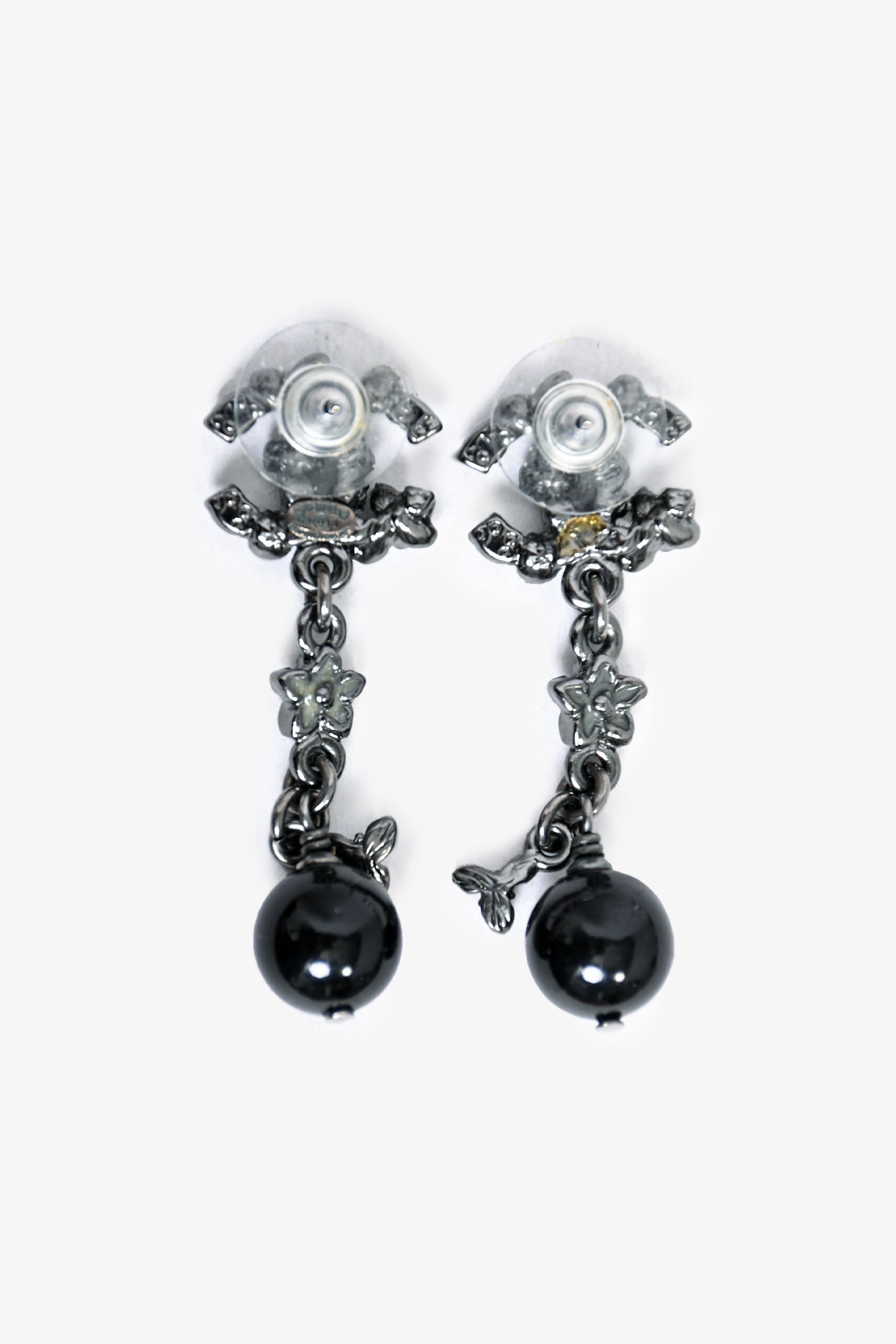 Chanel™ Black Tone Crystal 'CC' Faux Pearl Drop Earrings