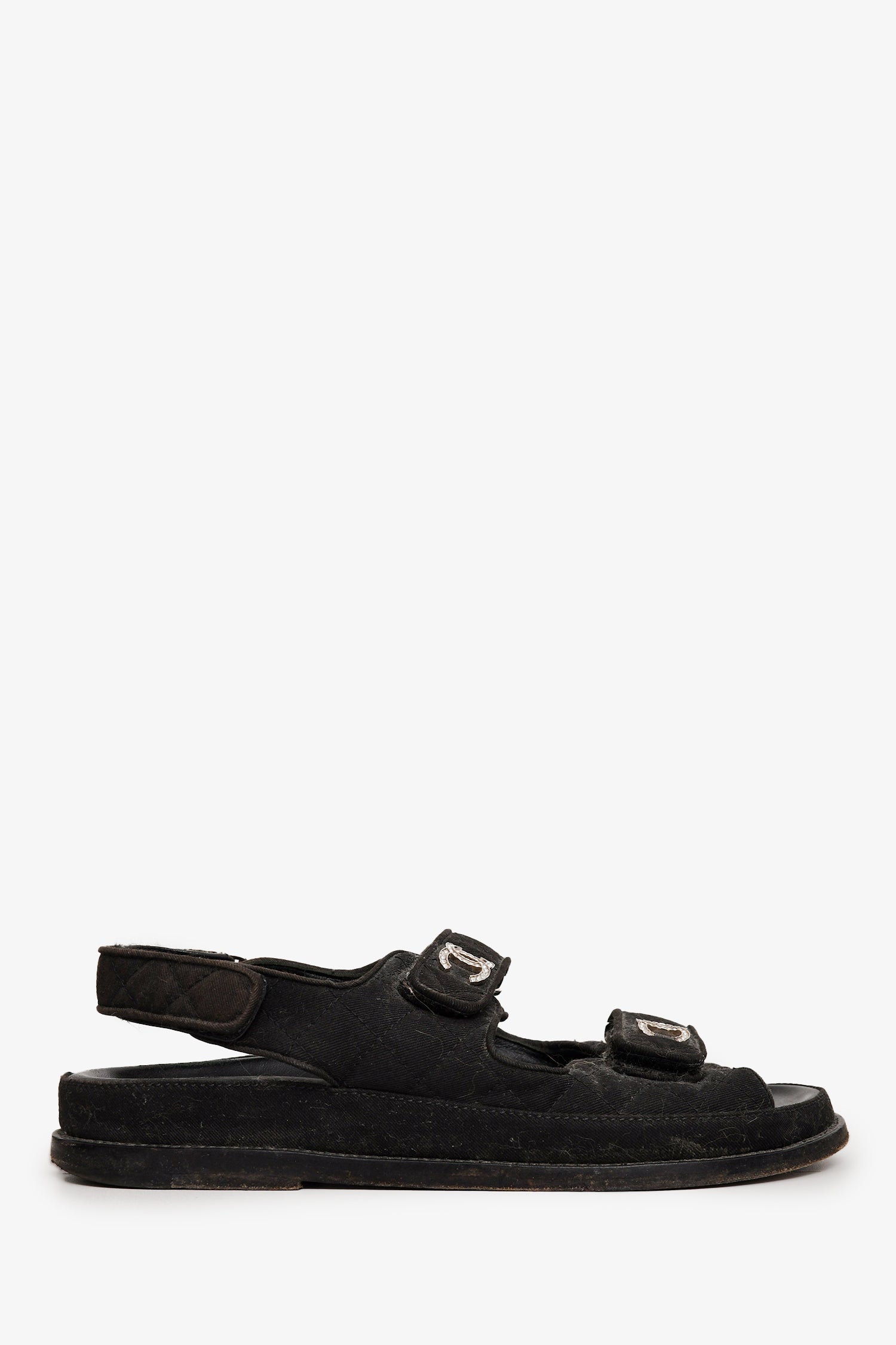 Chanel™ Black Quilted Canvas Embellished CC Logo Dad Sandals Size 37.5