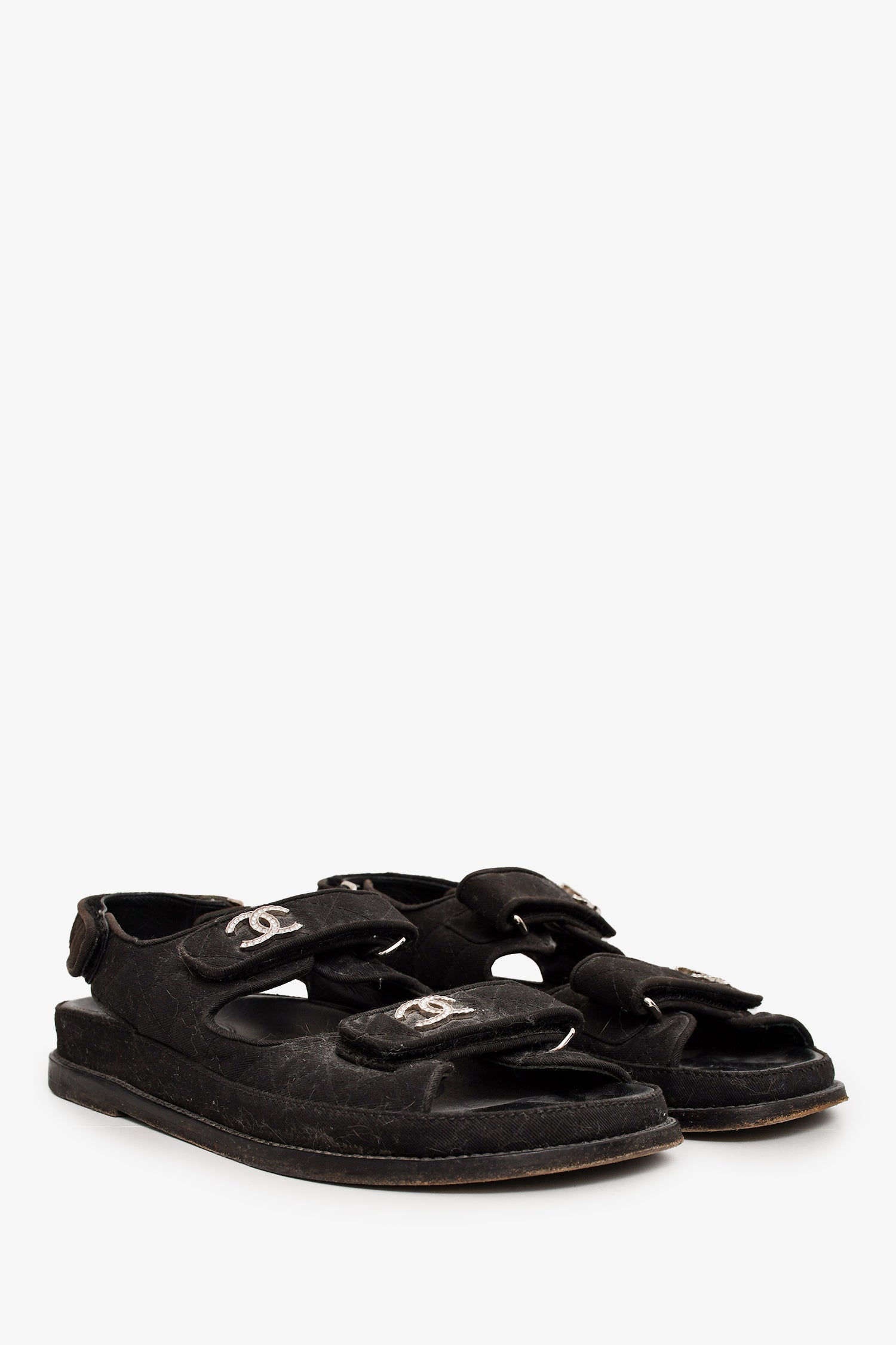 Chanel™ Black Quilted Canvas Embellished CC Logo Dad Sandals Size 37.5