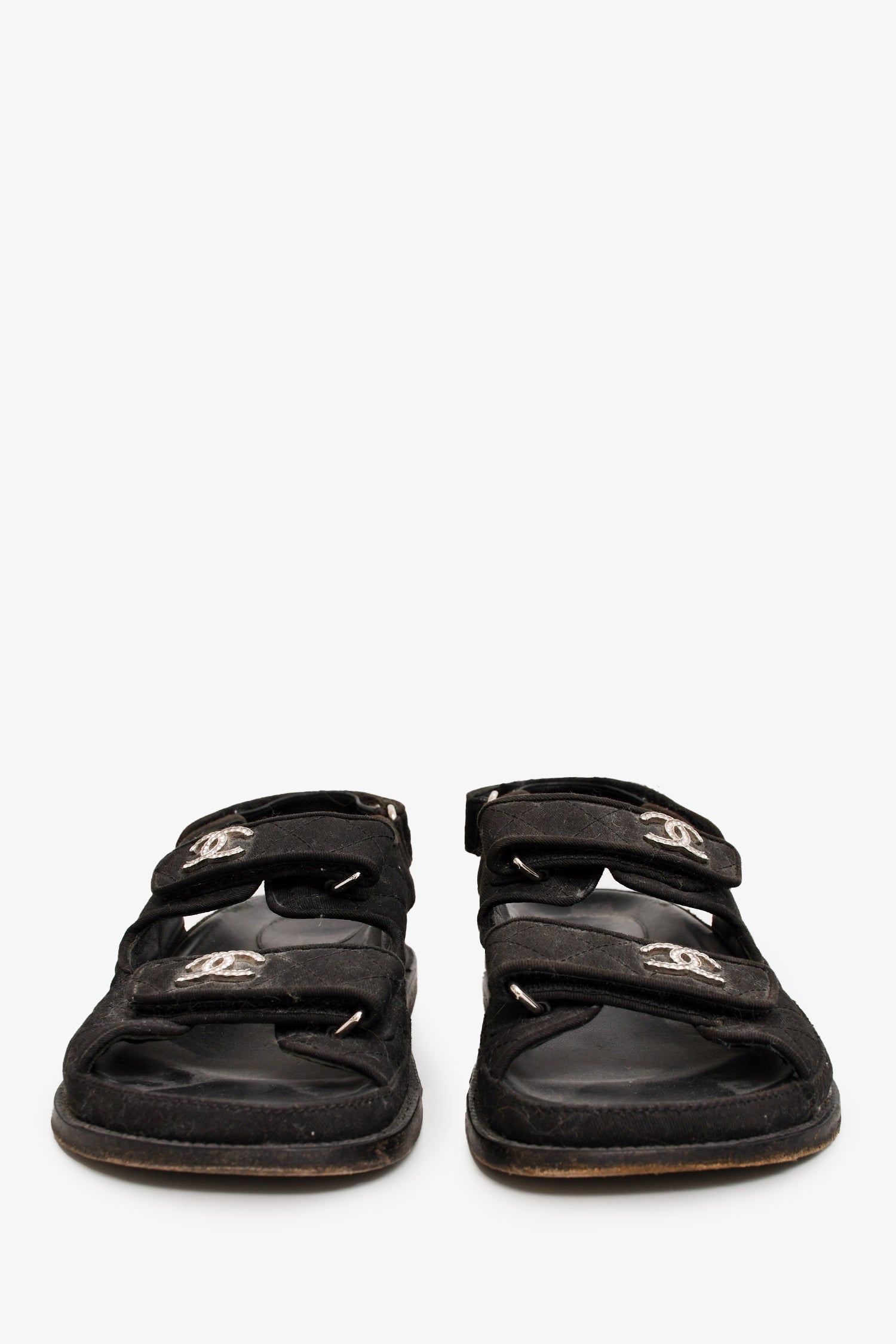 Chanel™ Black Quilted Canvas Embellished CC Logo Dad Sandals Size 37.5