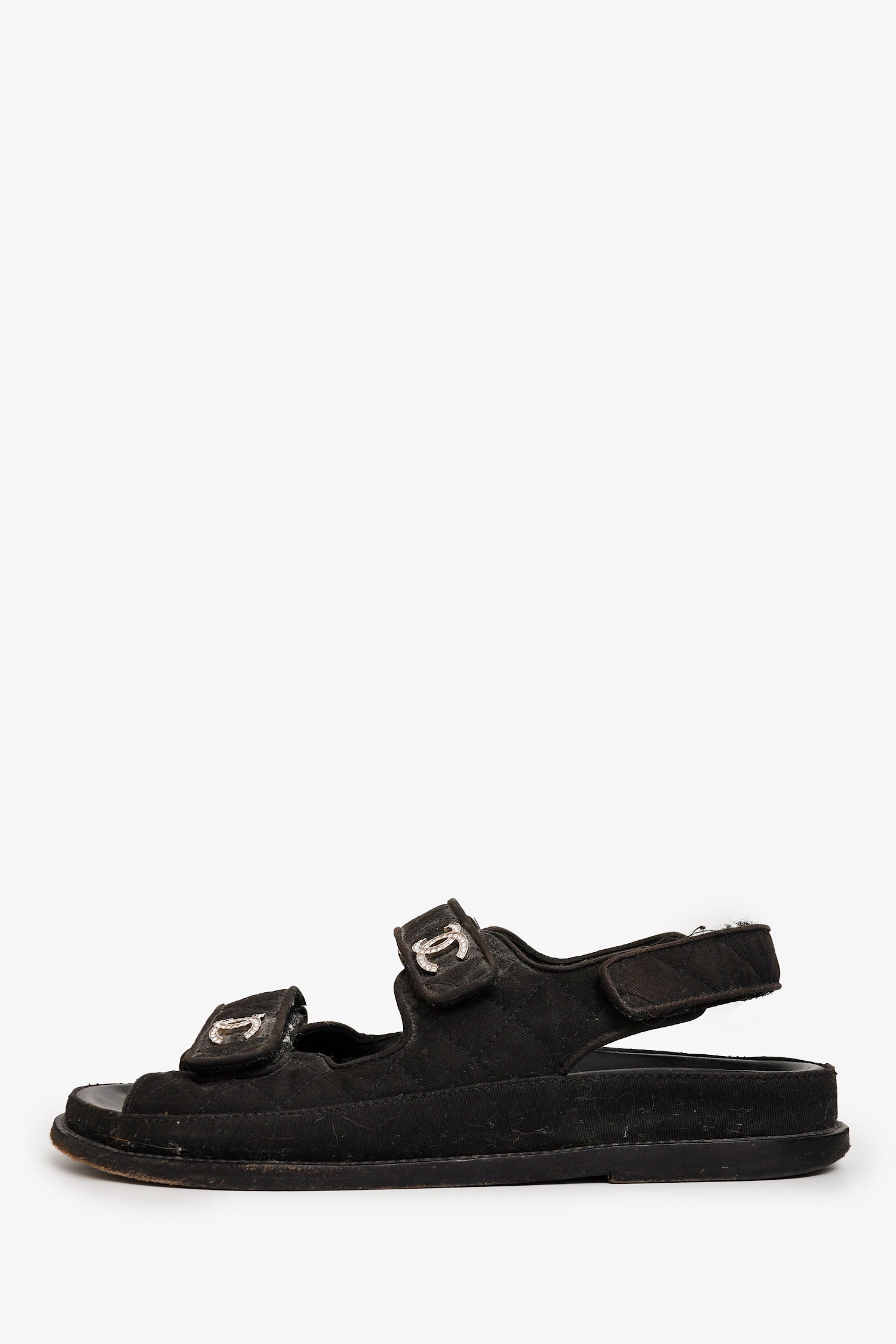 Chanel™ Black Quilted Canvas Embellished CC Logo Dad Sandals Size 37.5