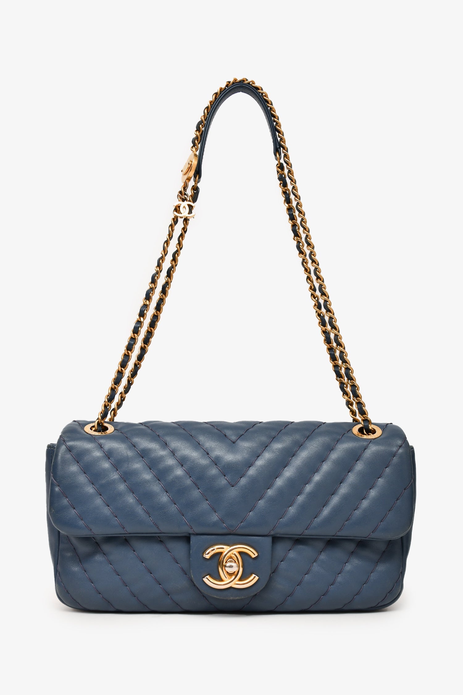 Chanel™ 2012 Blue Quilted Chevron Single Flap Medallion Charm Chain Bag