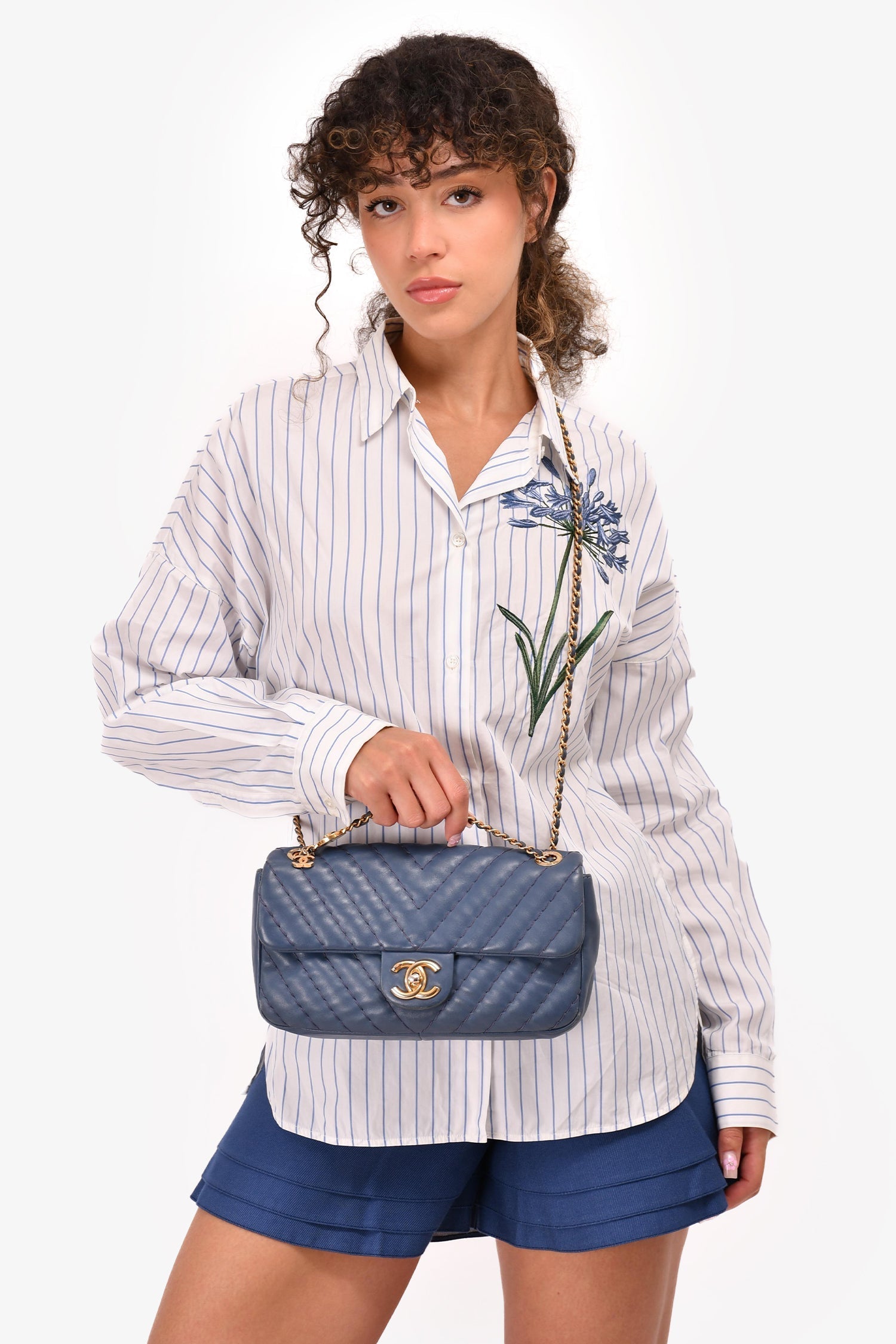 Chanel™ 2012 Blue Quilted Chevron Single Flap Medallion Charm Chain Bag