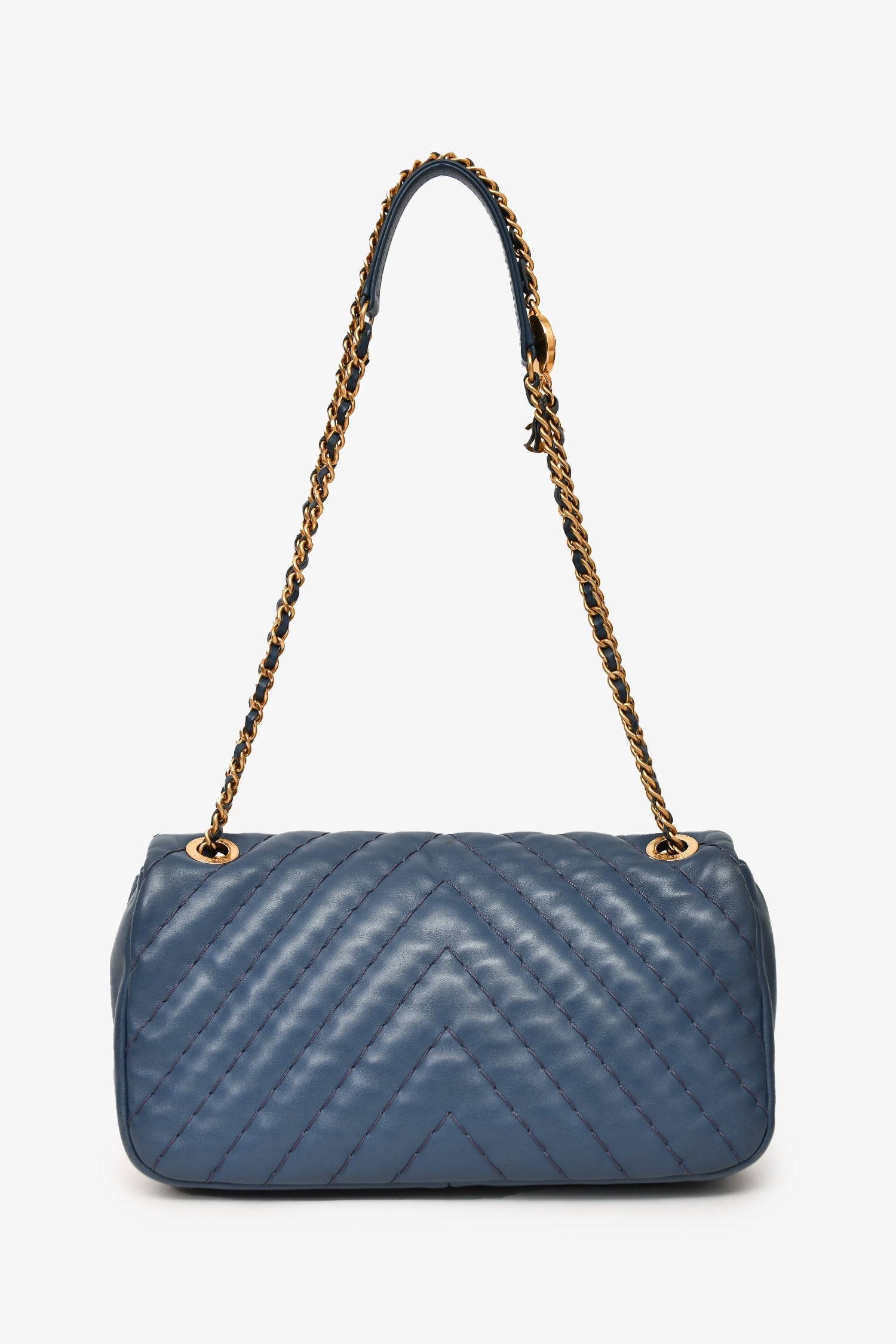 Chanel™ 2012 Blue Quilted Chevron Single Flap Medallion Charm Chain Bag