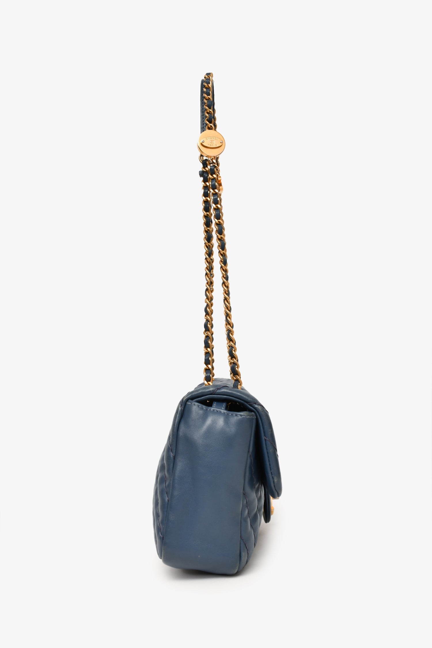 Chanel™ 2012 Blue Quilted Chevron Single Flap Medallion Charm Chain Bag