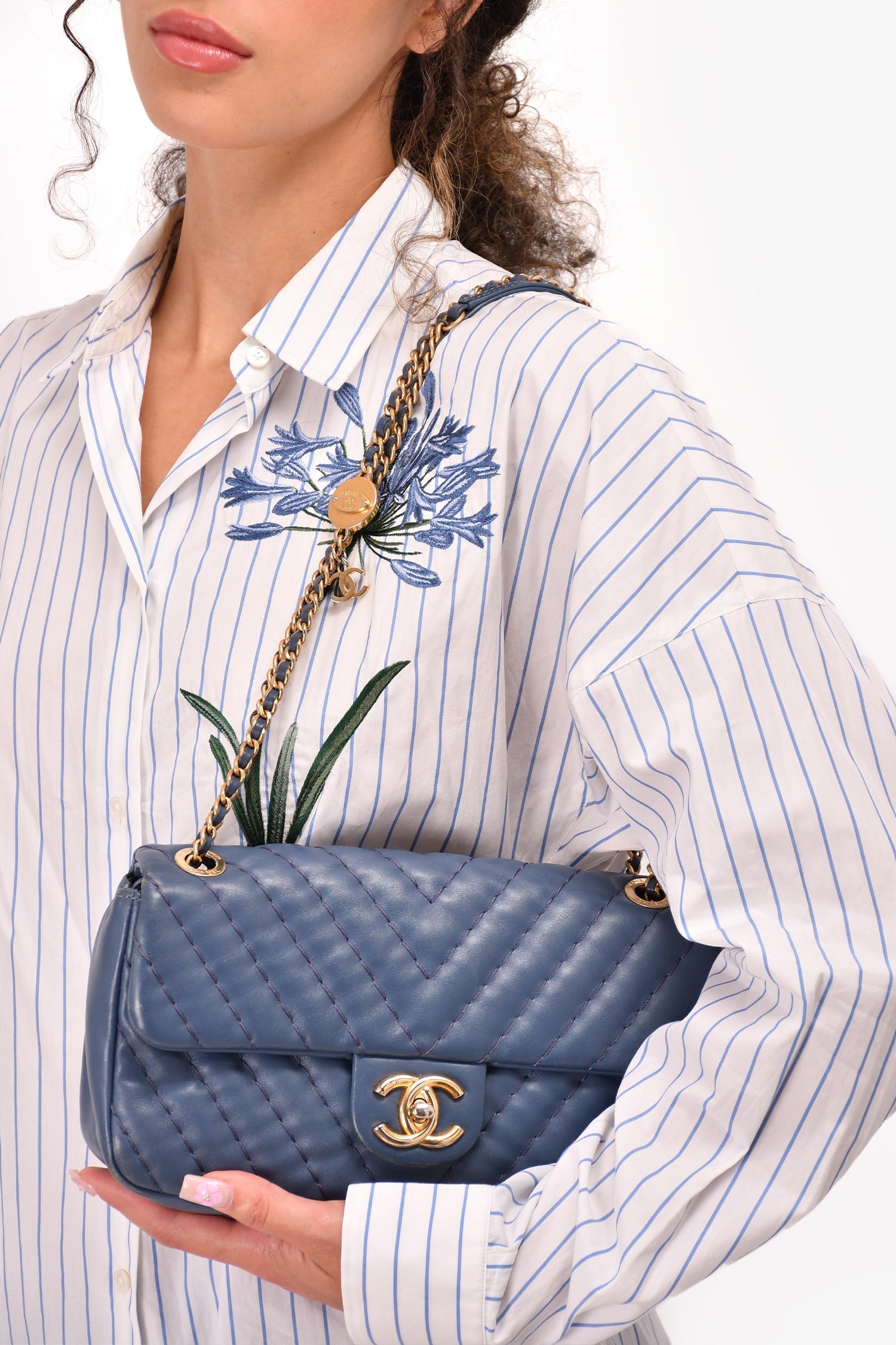 Chanel™ 2012 Blue Quilted Chevron Single Flap Medallion Charm Chain Bag