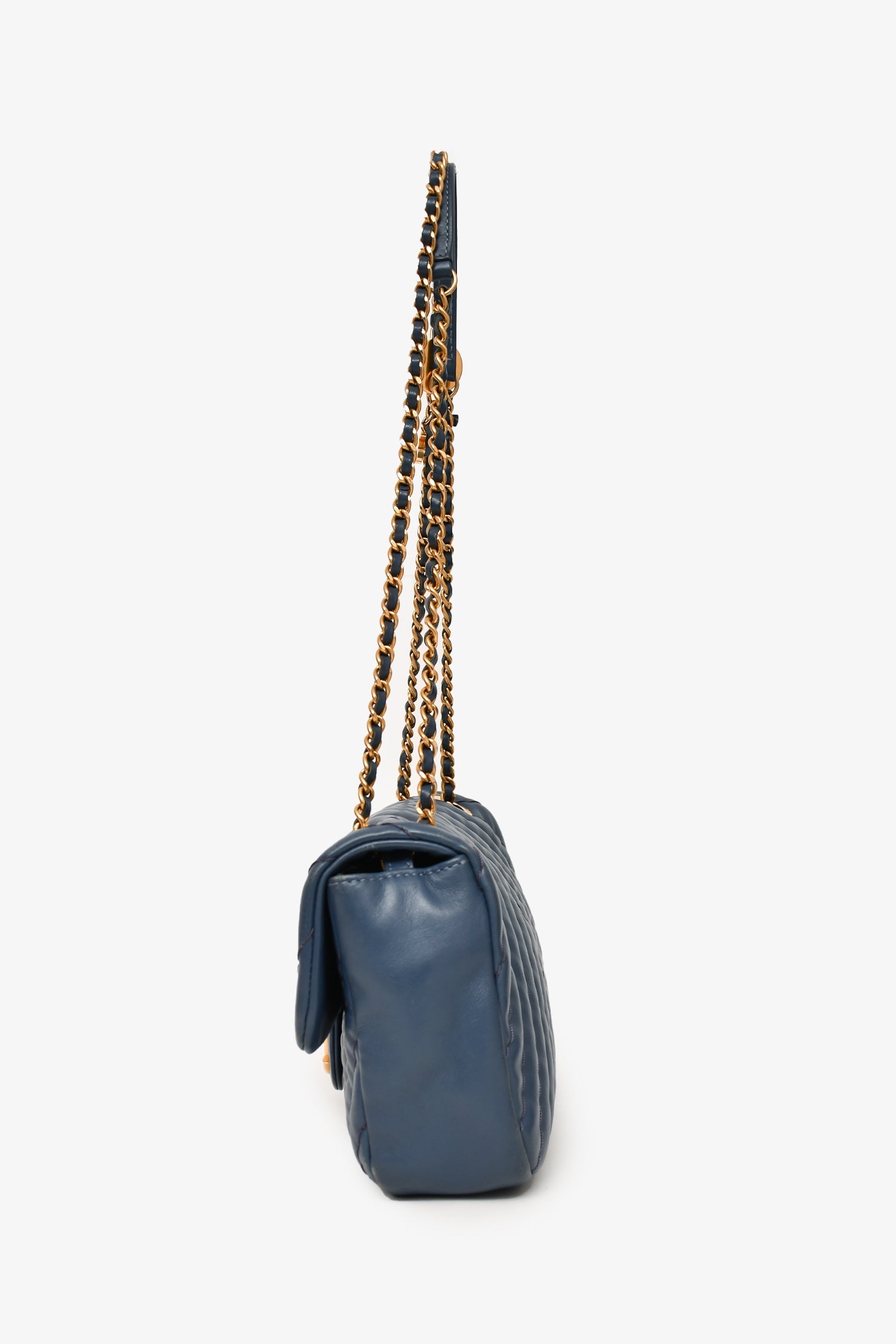 Chanel™ 2012 Blue Quilted Chevron Single Flap Medallion Charm Chain Bag
