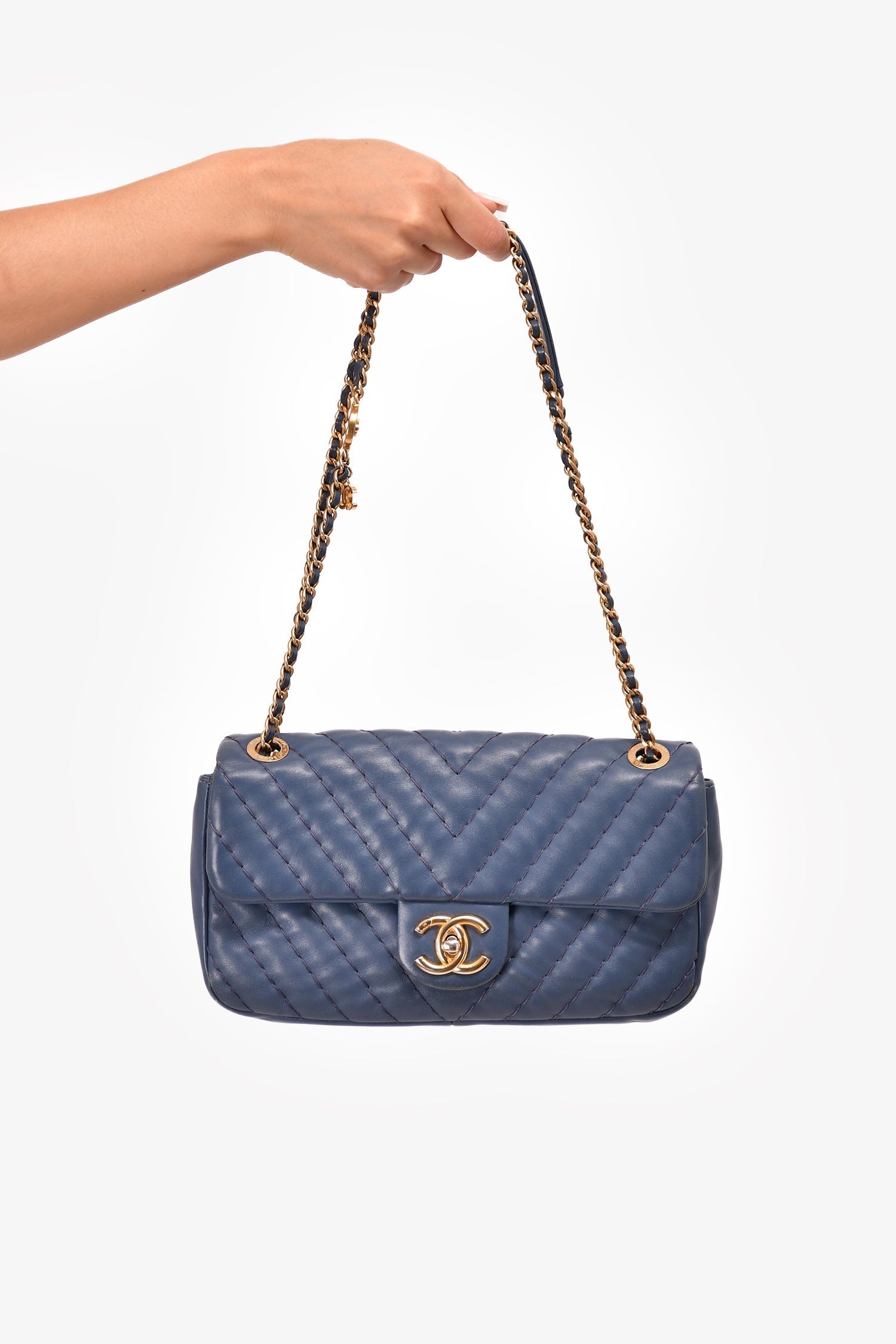 Chanel™ 2012 Blue Quilted Chevron Single Flap Medallion Charm Chain Bag