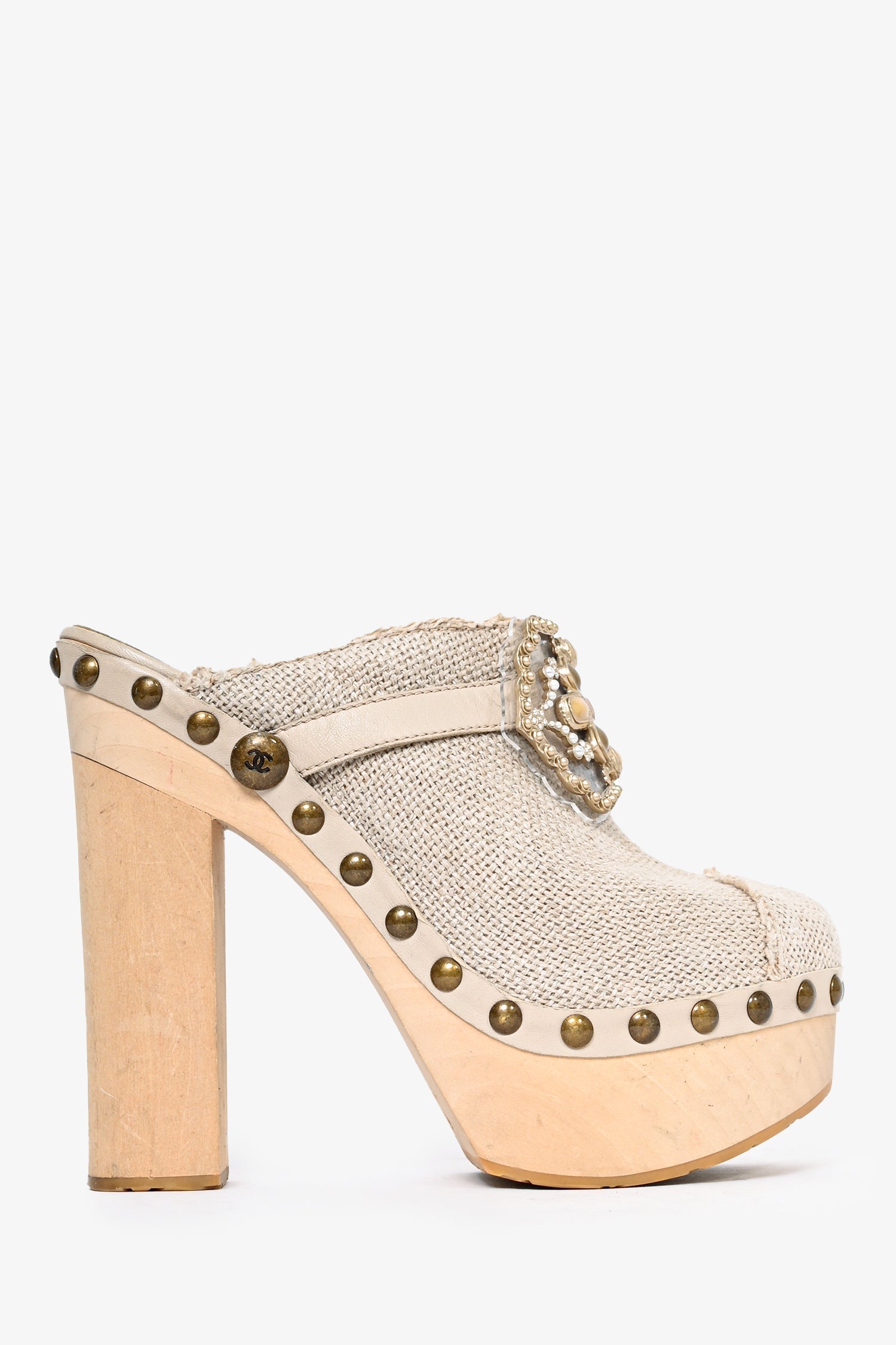 Chanel™ Beige Raffia Canvas Embellished Buckle Platform Clogs Size 38.5 (As Is)
