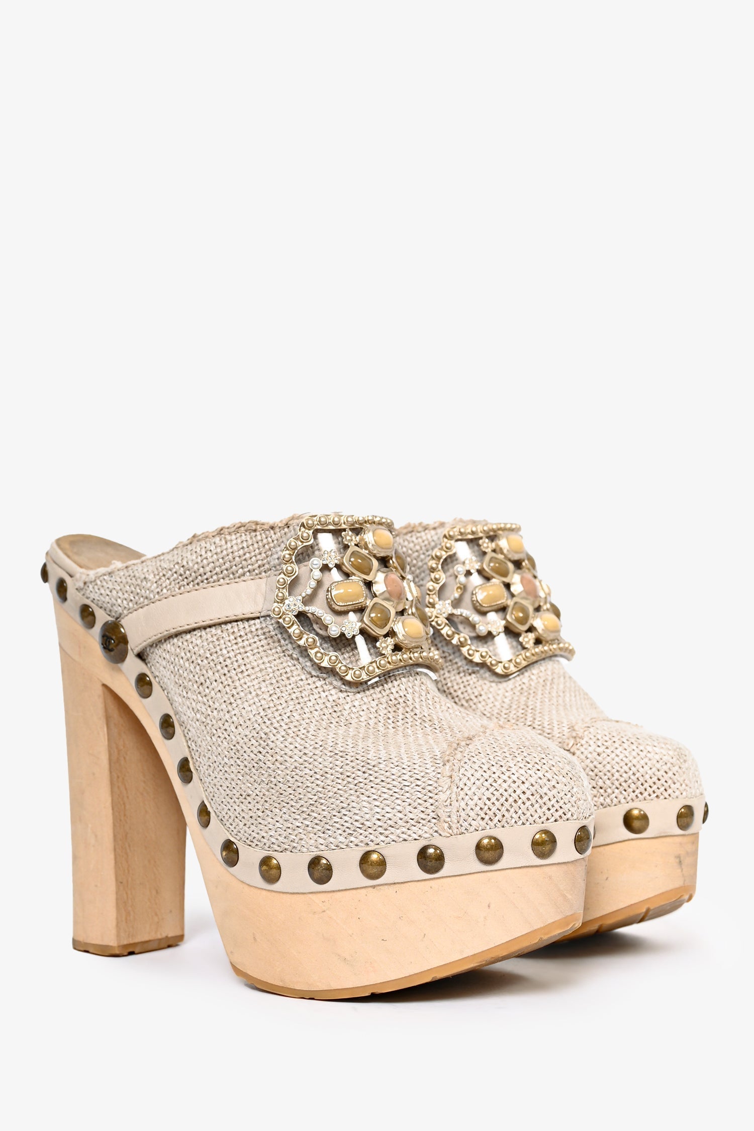 Chanel™ Beige Raffia Canvas Embellished Buckle Platform Clogs Size 38.5 (As Is)