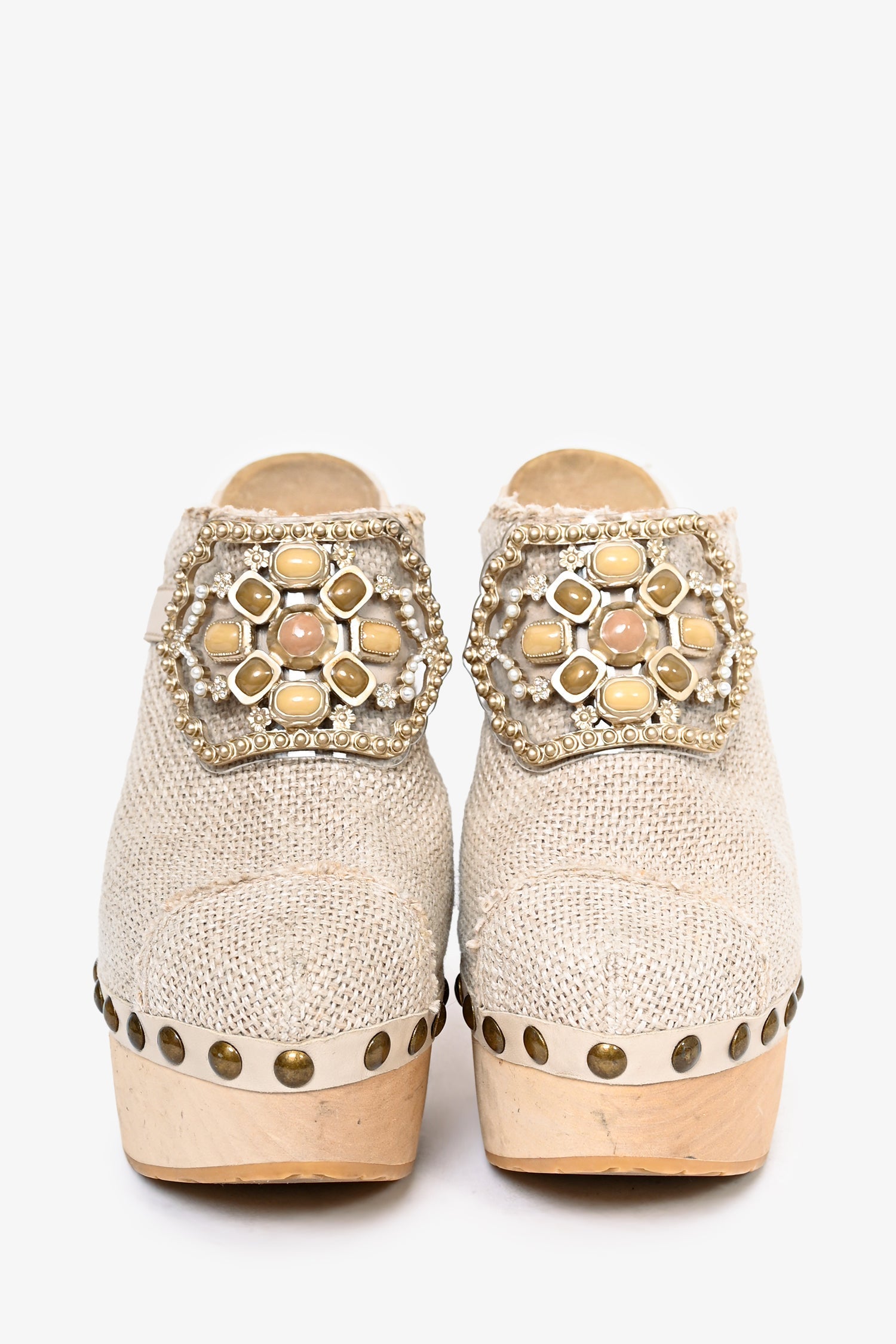 Chanel™ Beige Raffia Canvas Embellished Buckle Platform Clogs Size 38.5 (As Is)