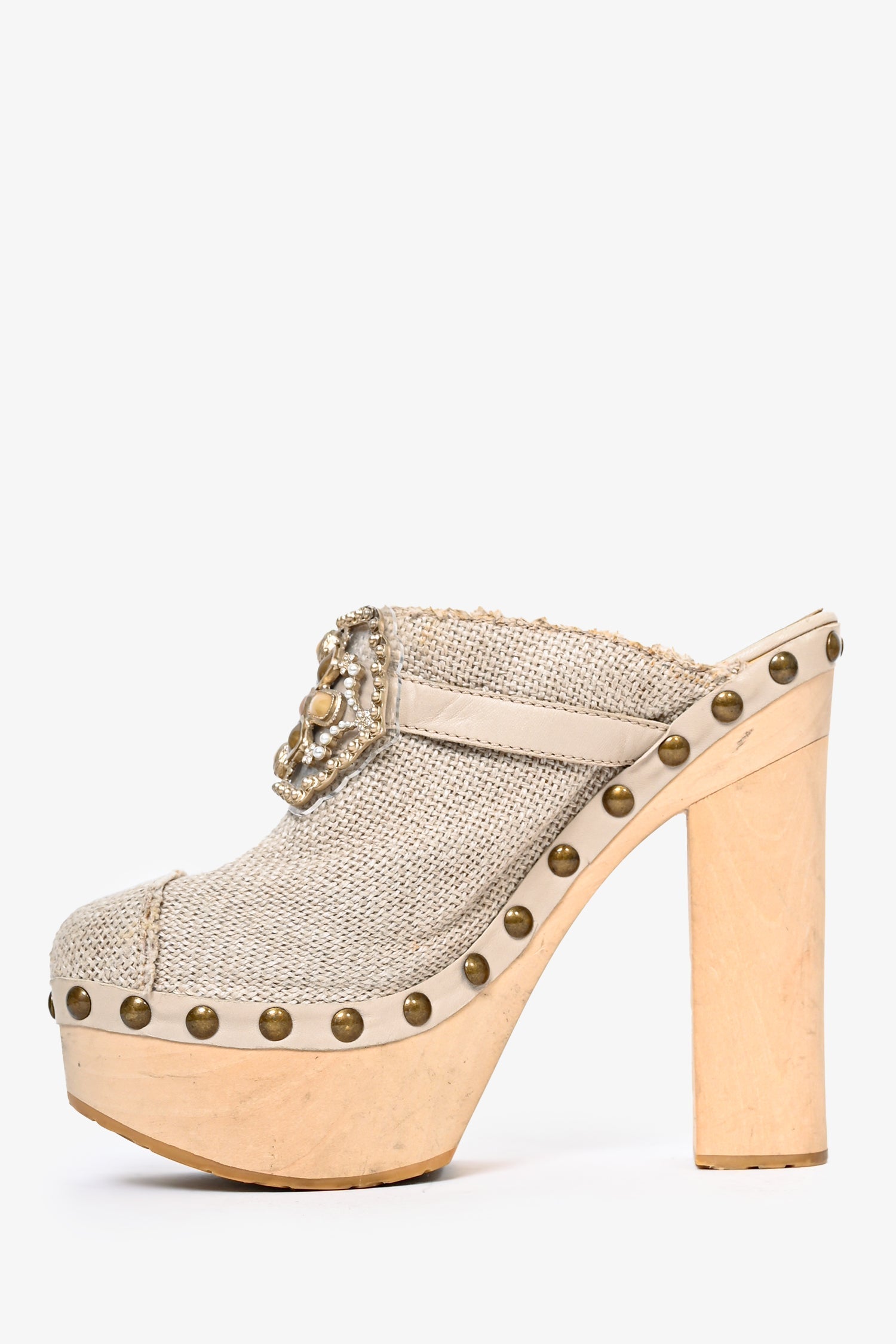 Chanel™ Beige Raffia Canvas Embellished Buckle Platform Clogs Size 38.5 (As Is)