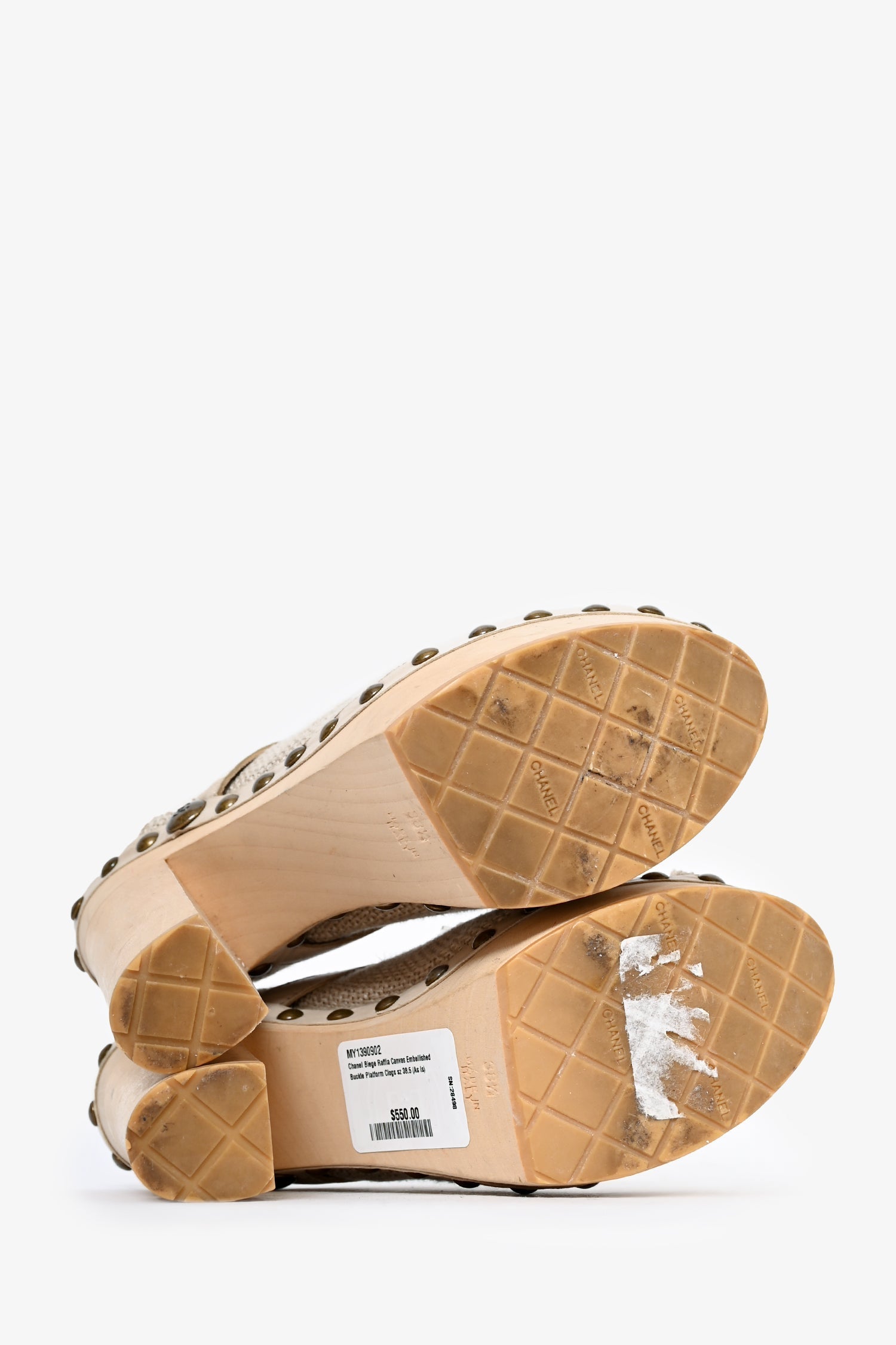 Chanel™ Beige Raffia Canvas Embellished Buckle Platform Clogs Size 38.5 (As Is)