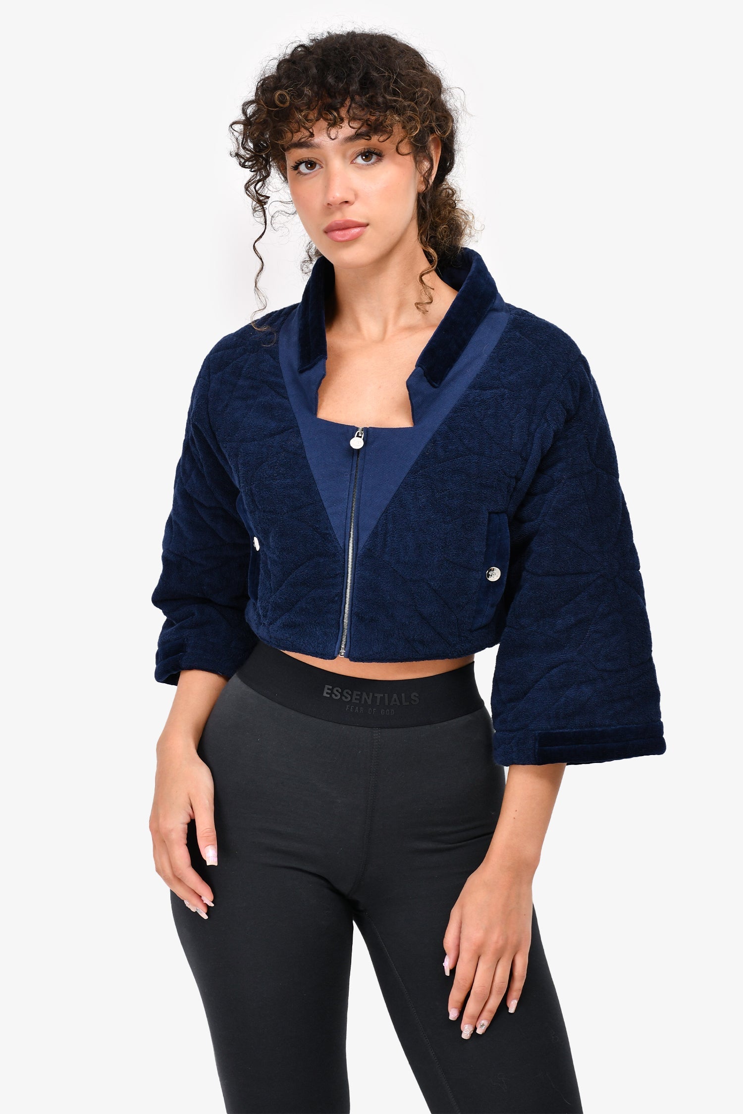 Chanel™ Navy Blue Quilted Terry Cropped Zip Jacket Size 38