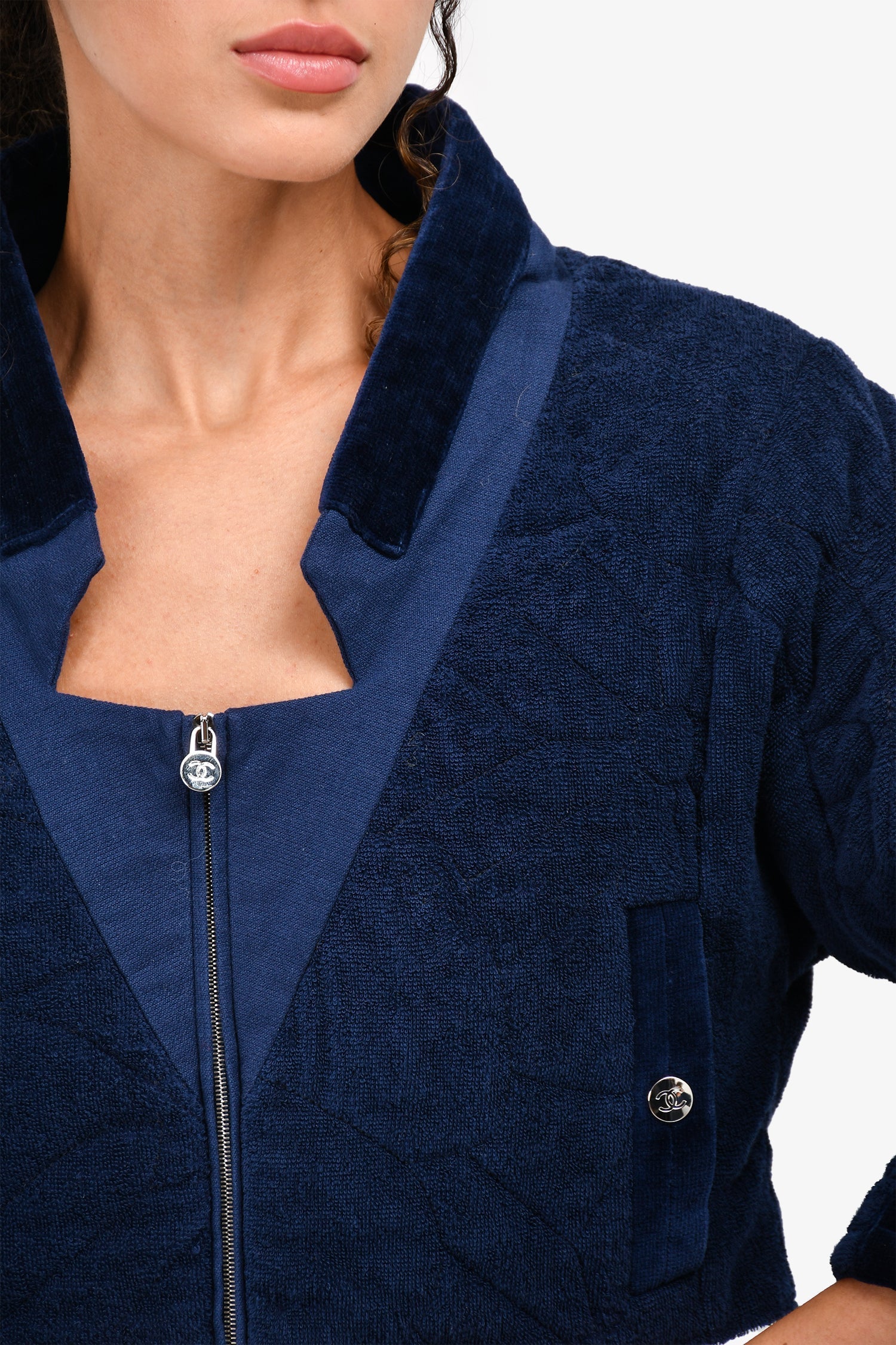 Chanel™ Navy Blue Quilted Terry Cropped Zip Jacket Size 38