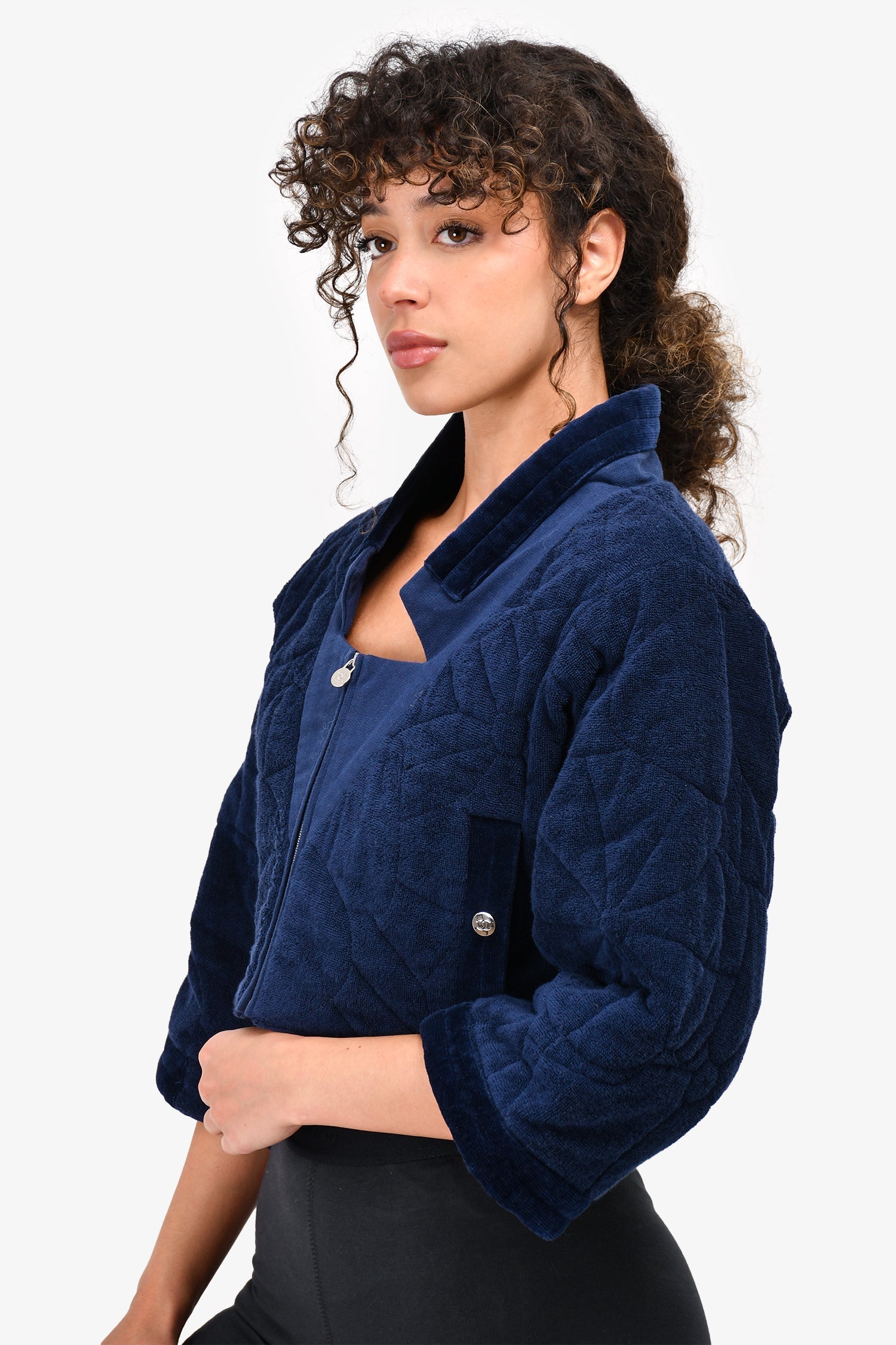 Chanel™ Navy Blue Quilted Terry Cropped Zip Jacket Size 38