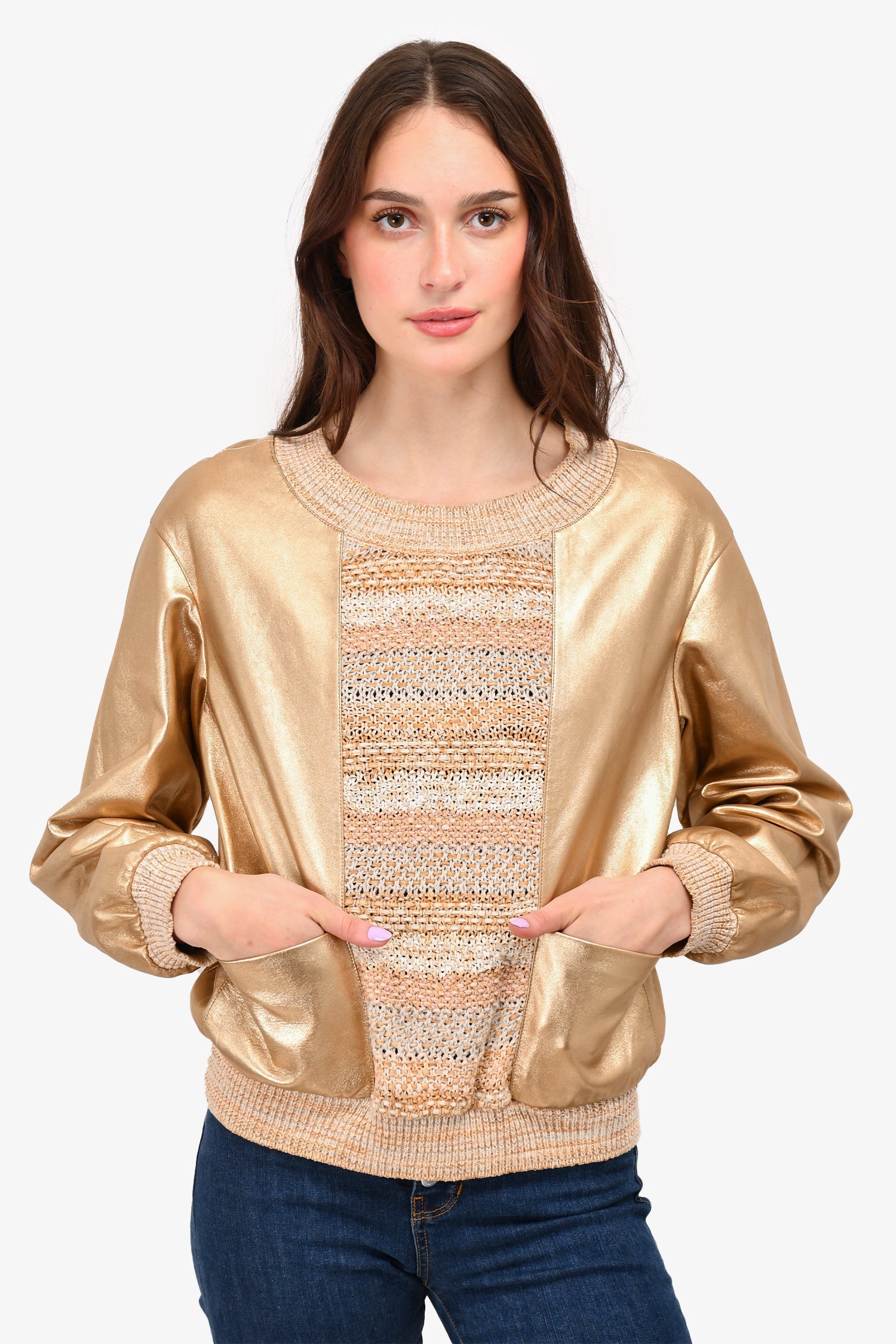 Chanel™ Gold Lambskin/Knit Double Pocket Top Size 38