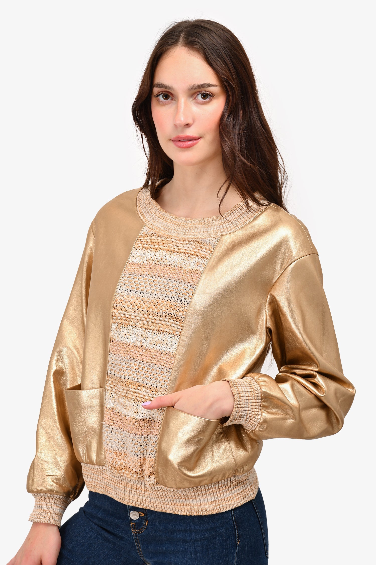 Chanel™ Gold Lambskin/Knit Double Pocket Top Size 38