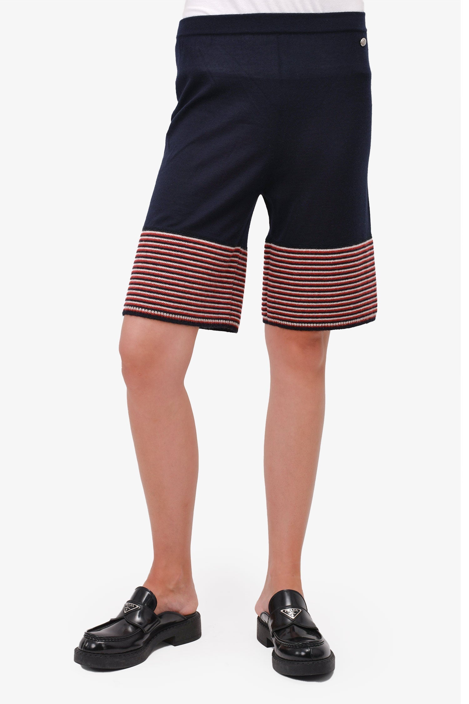 Chanel™ Navy Blue/Striped Cashmere/Silk Knit Long Flared Shorts Size 38