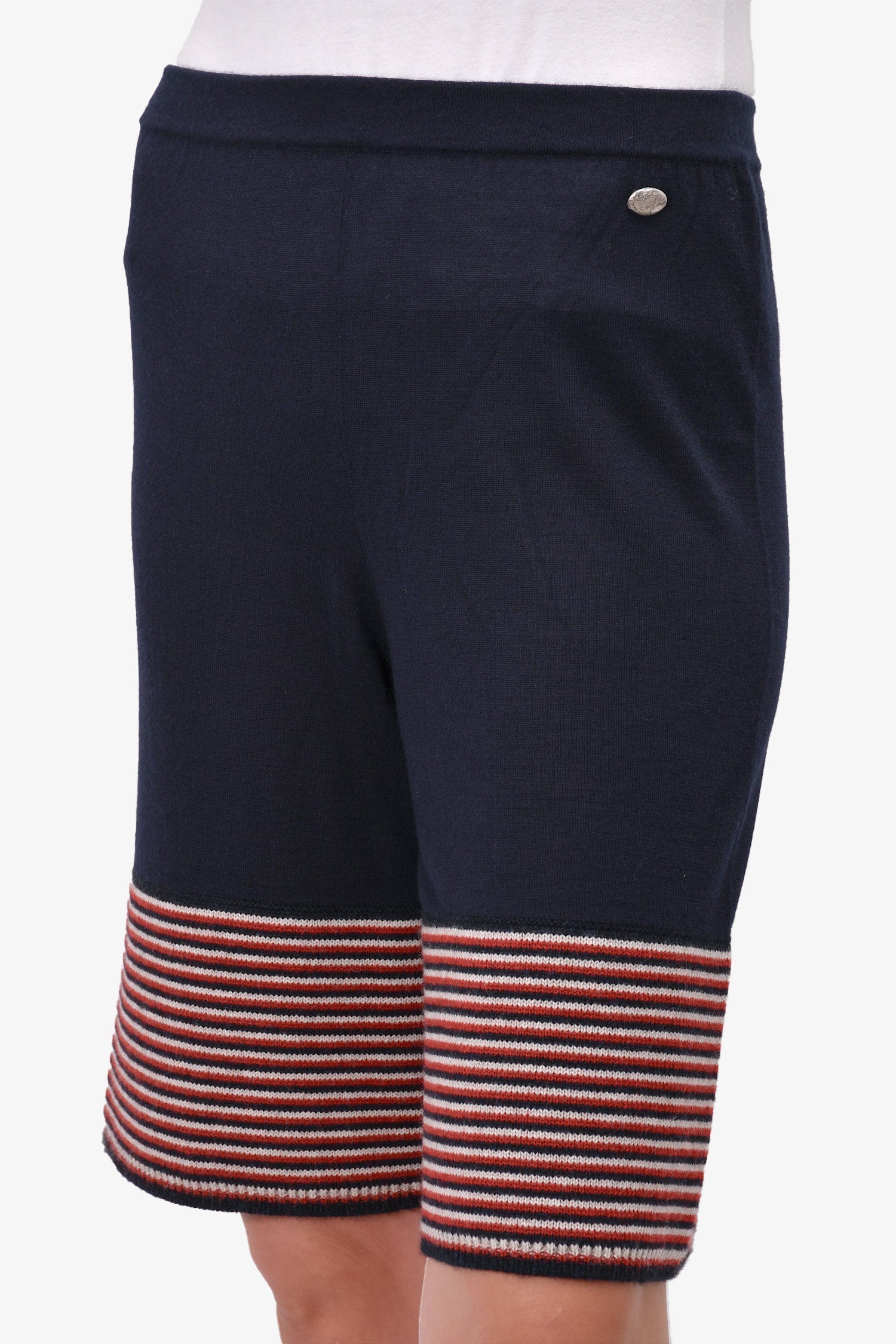 Chanel™ Navy Blue/Striped Cashmere/Silk Knit Long Flared Shorts Size 38